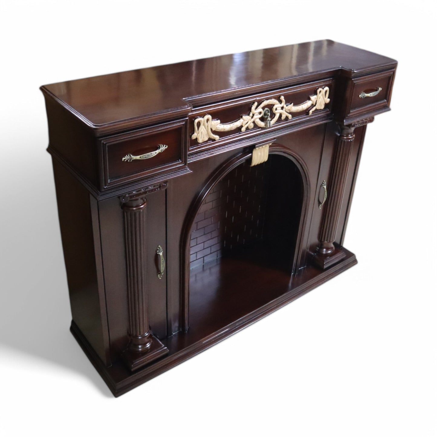 Handcrafted Solid Natural Teak Wood Fireplace Mantel with Neoclassical Fluted Columns and Ornate Gold Accents