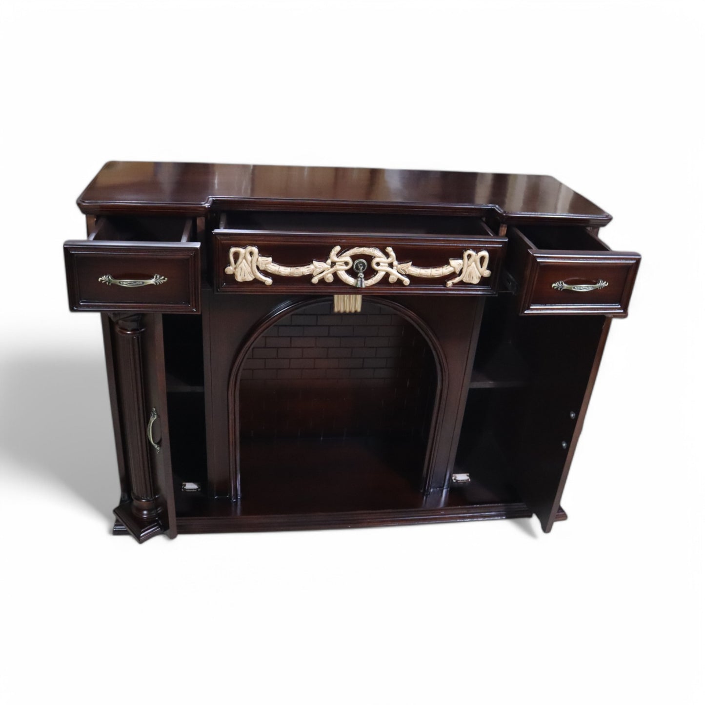 Handcrafted Solid Natural Teak Wood Fireplace Mantel with Neoclassical Fluted Columns and Ornate Gold Accents