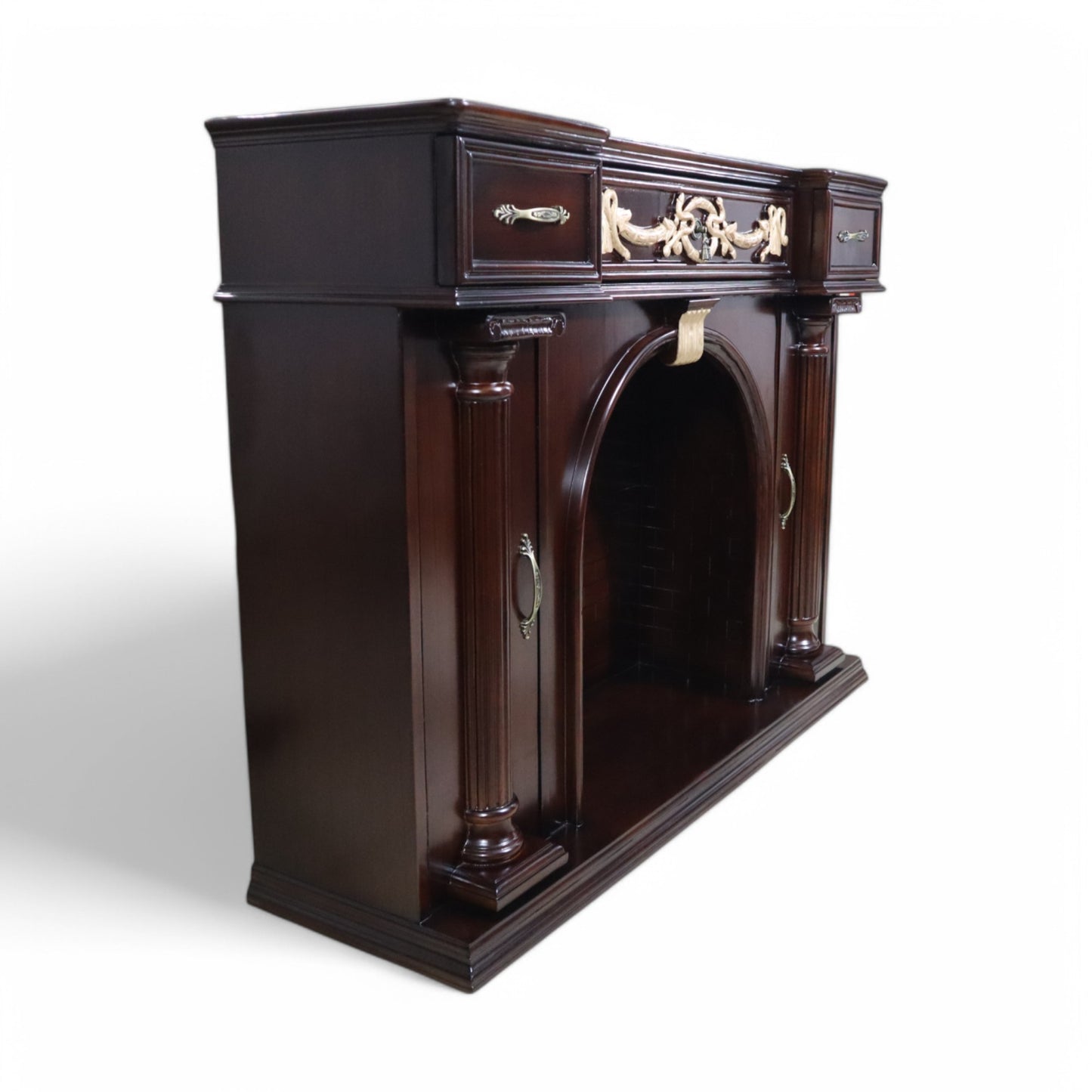 Handcrafted Solid Natural Teak Wood Fireplace Mantel with Neoclassical Fluted Columns and Ornate Gold Accents