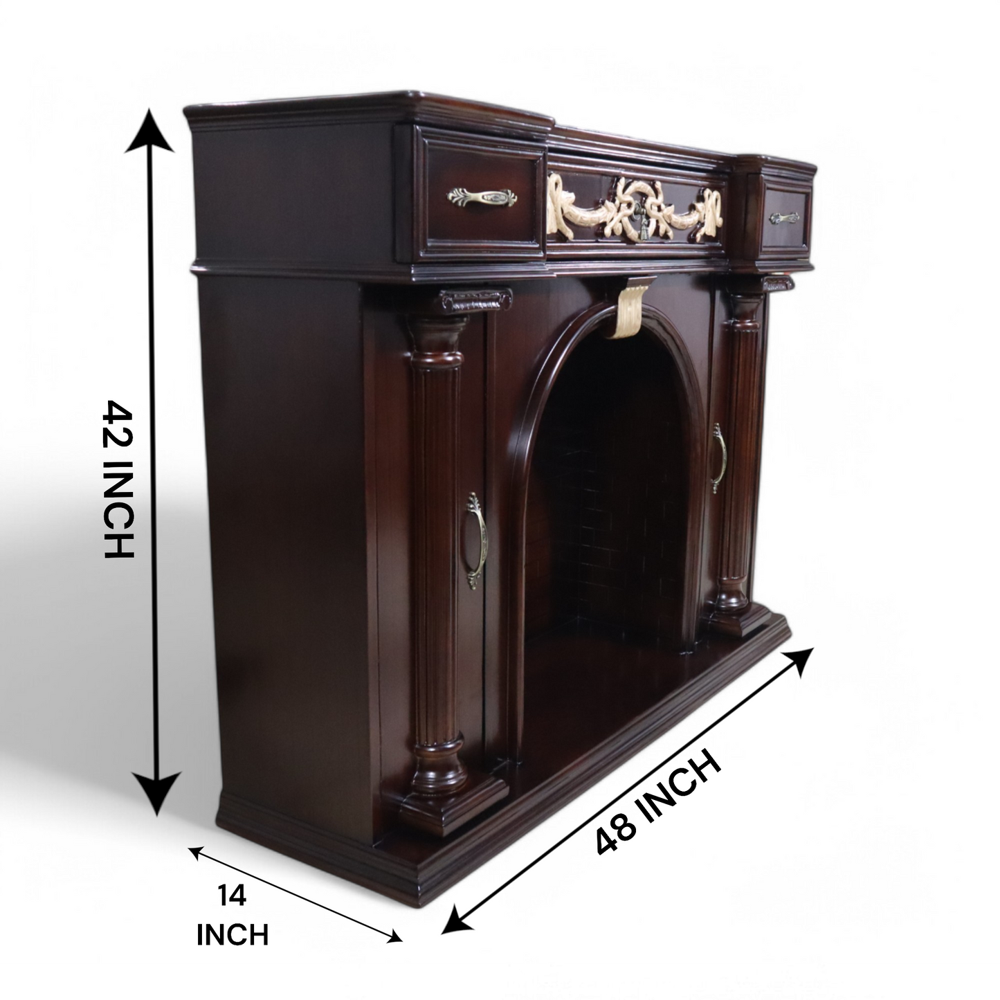 Handcrafted Solid Natural Teak Wood Fireplace Mantel with Neoclassical Fluted Columns and Ornate Gold Accents