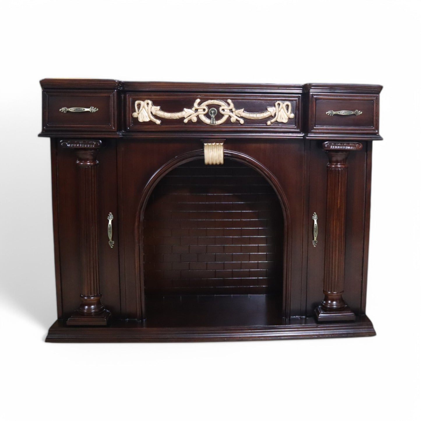 Handcrafted Solid Natural Teak Wood Fireplace Mantel with Neoclassical Fluted Columns and Ornate Gold Accents
