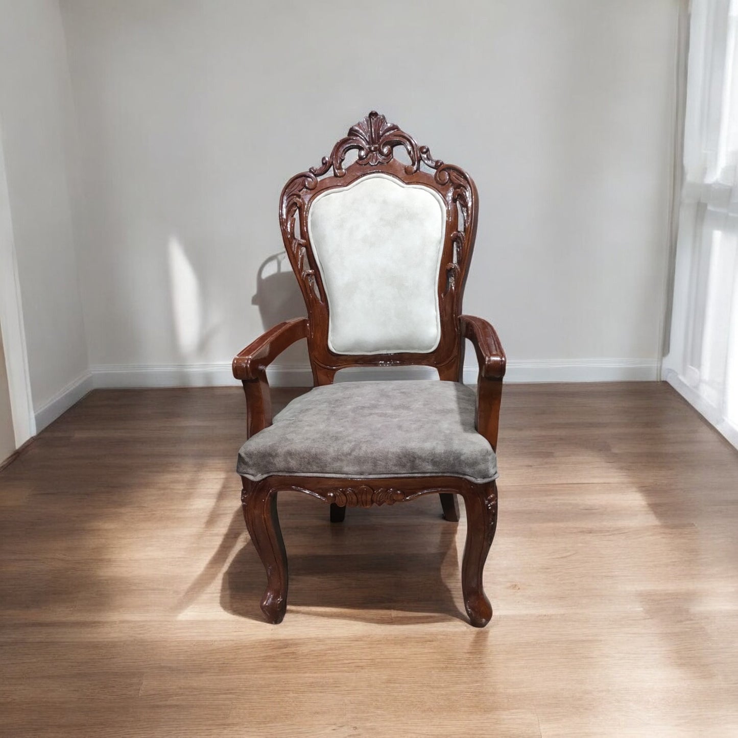 Lumber Casa Victorian Style Living Room Armchair, Walnut Wood Frame with Grey Velvet Upholstery