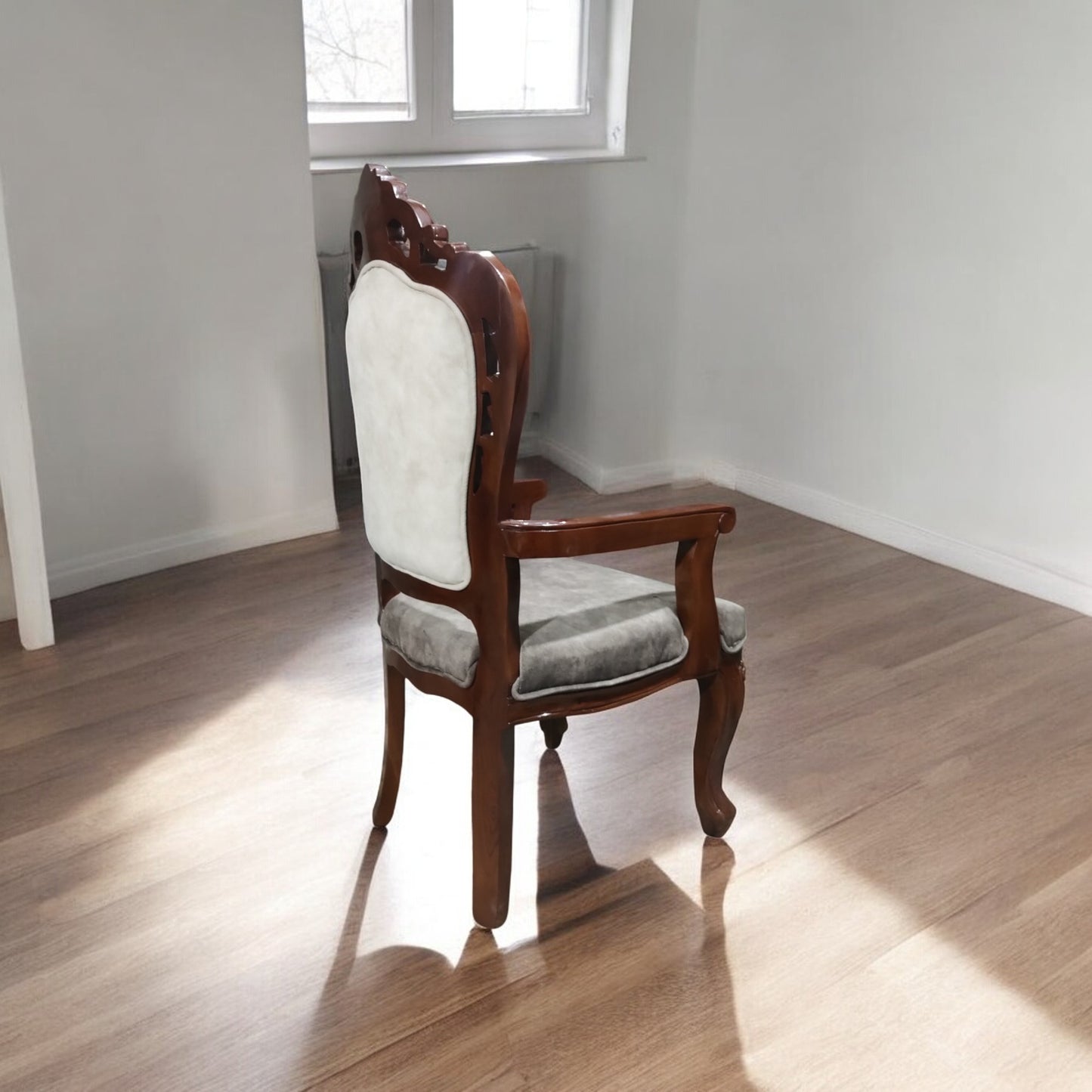 Lumber Casa Victorian Style Living Room Armchair, Walnut Wood Frame with Grey Velvet Upholstery