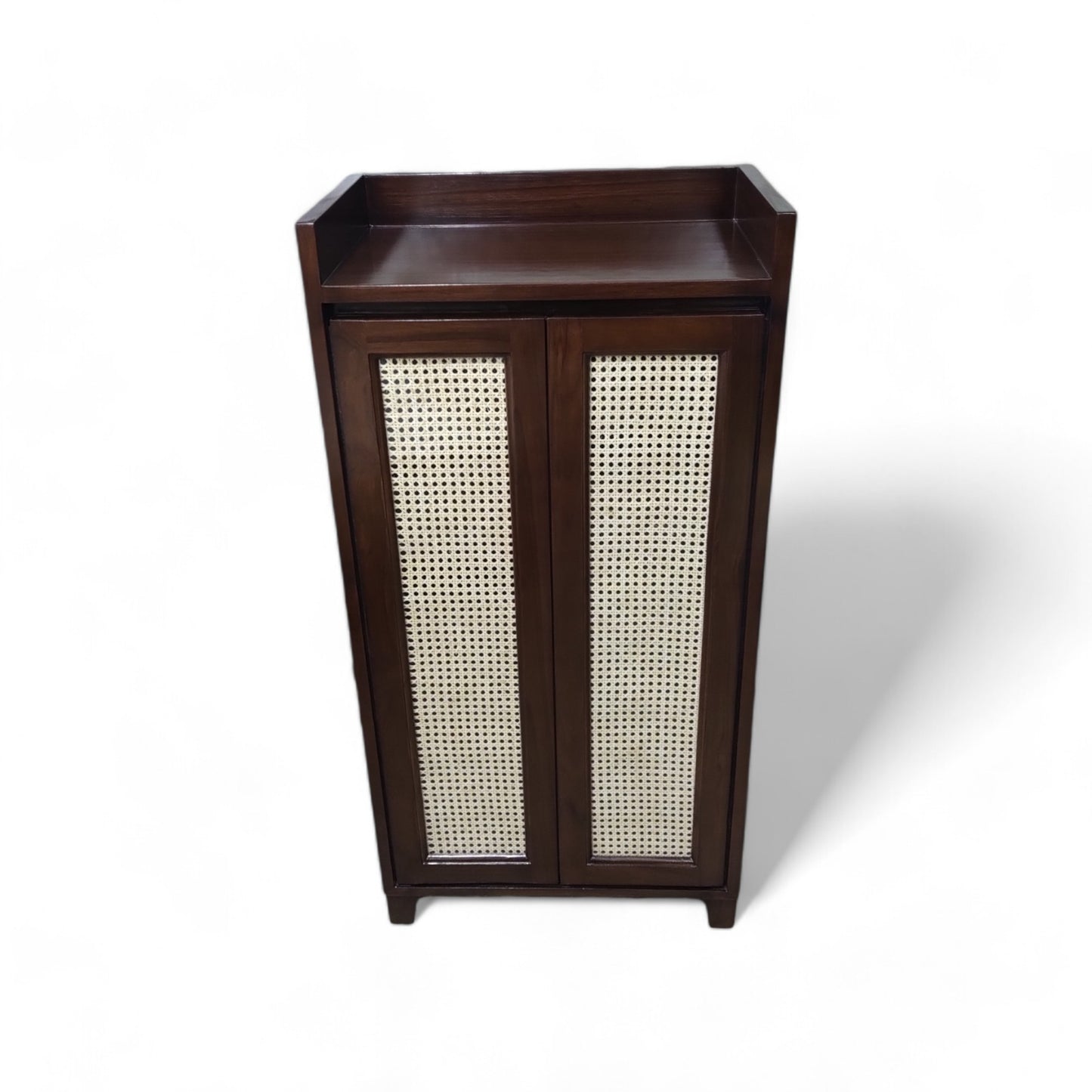 Handcrafted Solid Teak Wood Storage Cabinet in Walnut Finish with Premium Rattan Cane Weaving – Elegant Multi-Purpose Home Organiser Unit