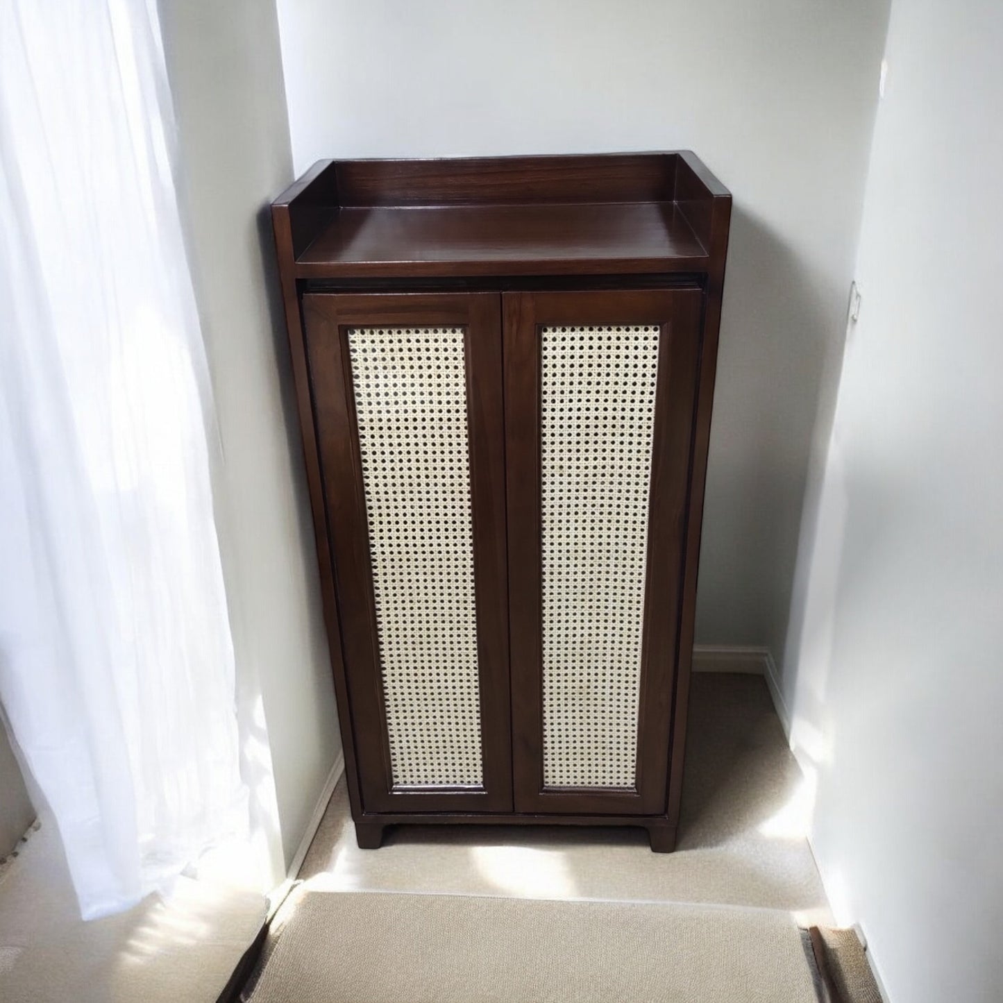 Handcrafted Solid Teak Wood Storage Cabinet in Walnut Finish with Premium Rattan Cane Weaving – Elegant Multi-Purpose Home Organiser Unit