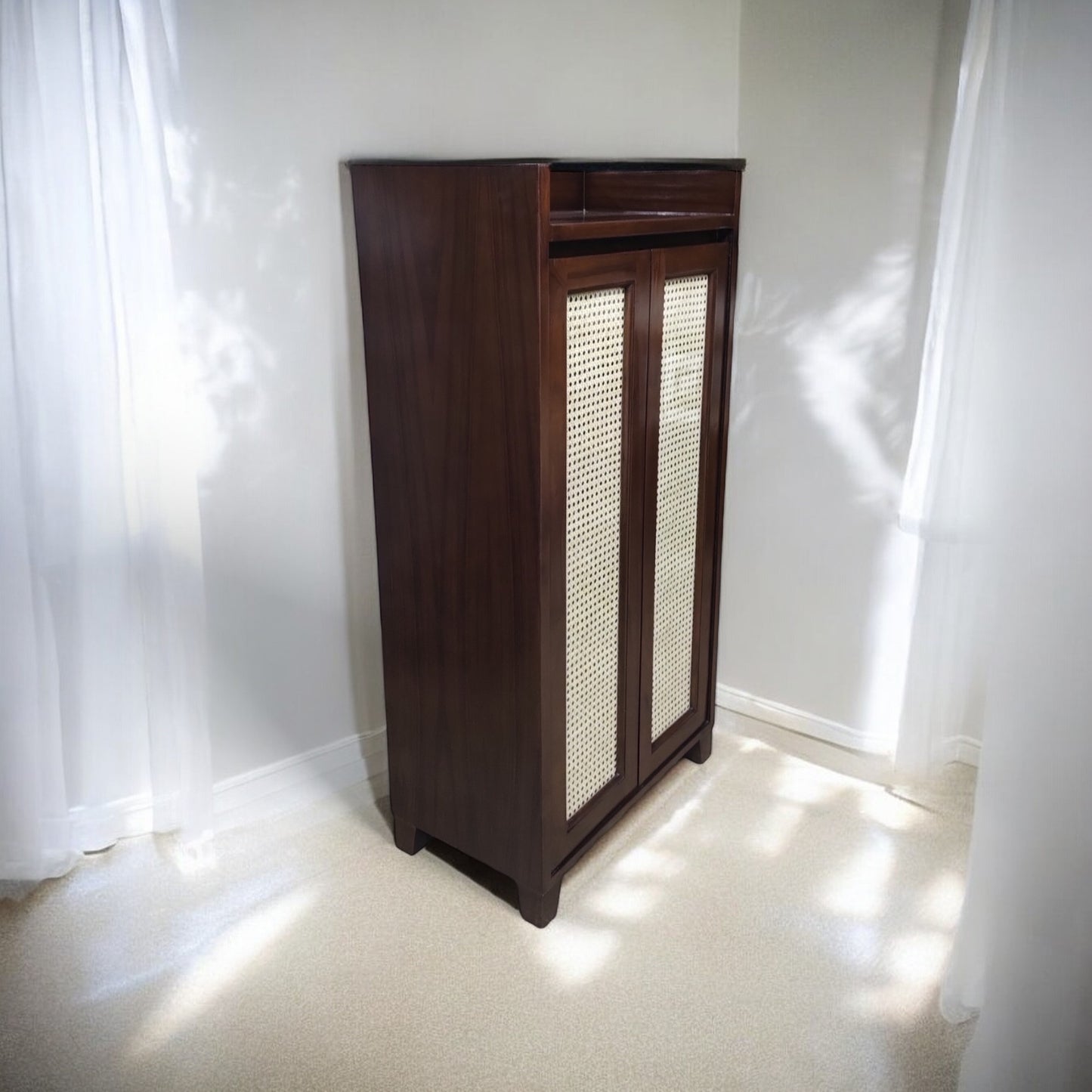 Handcrafted Solid Teak Wood Storage Cabinet in Walnut Finish with Premium Rattan Cane Weaving – Elegant Multi-Purpose Home Organiser Unit