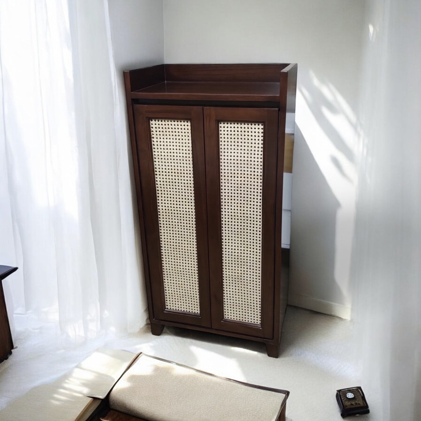 Handcrafted Solid Teak Wood Storage Cabinet in Walnut Finish with Premium Rattan Cane Weaving – Elegant Multi-Purpose Home Organiser Unit