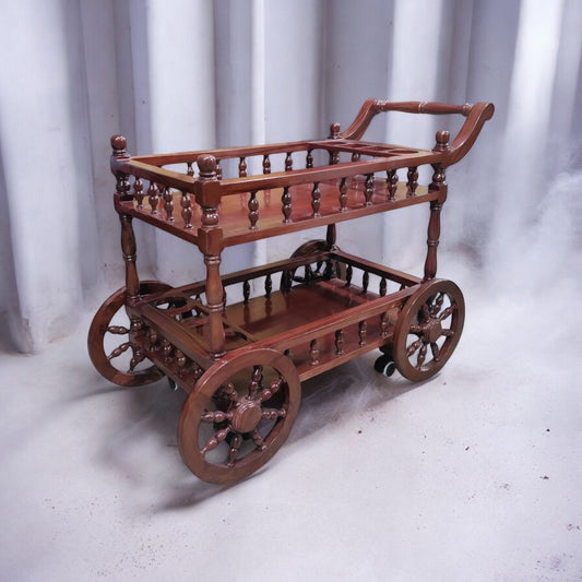 Lumber Casa Wooden Bar Trolley with 2 Tiers, Decorative Wheel Design, 32x16x30 Inch