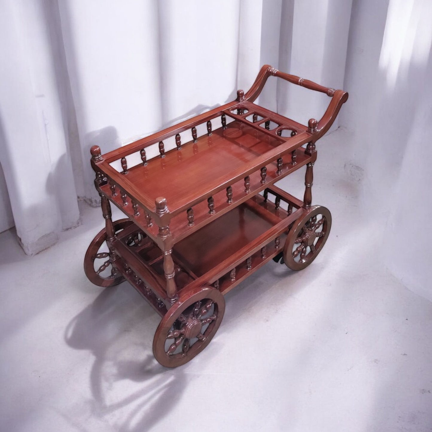 Lumber Casa Wooden Bar Trolley with 2 Tiers, Decorative Wheel Design, 32x16x30 Inch