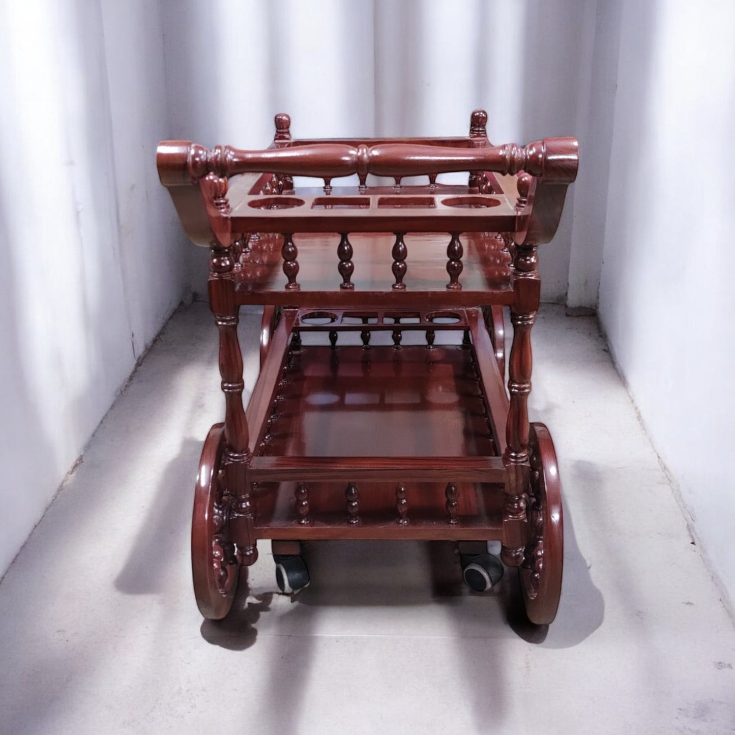 Lumber Casa Wooden Bar Trolley with 2 Tiers, Decorative Wheel Design, 32x16x30 Inch