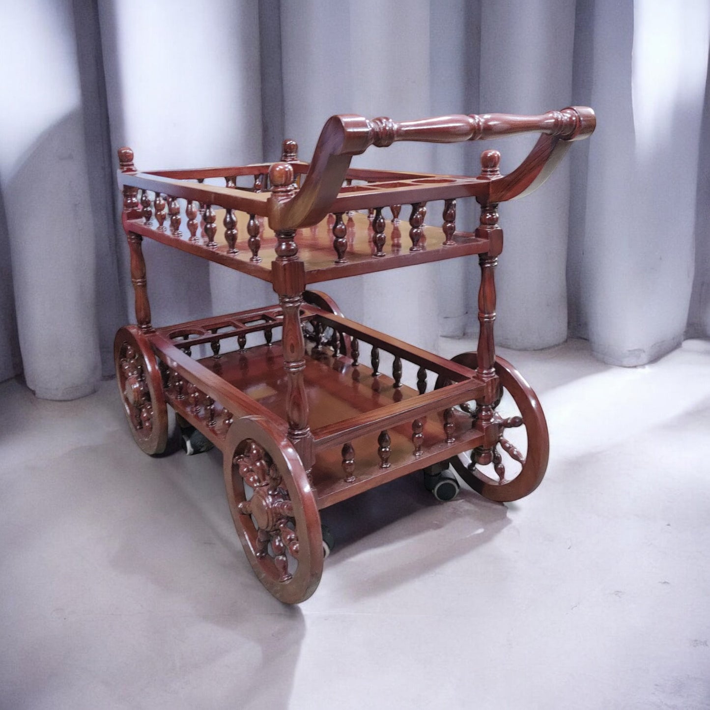 Lumber Casa Wooden Bar Trolley with 2 Tiers, Decorative Wheel Design, 32x16x30 Inch