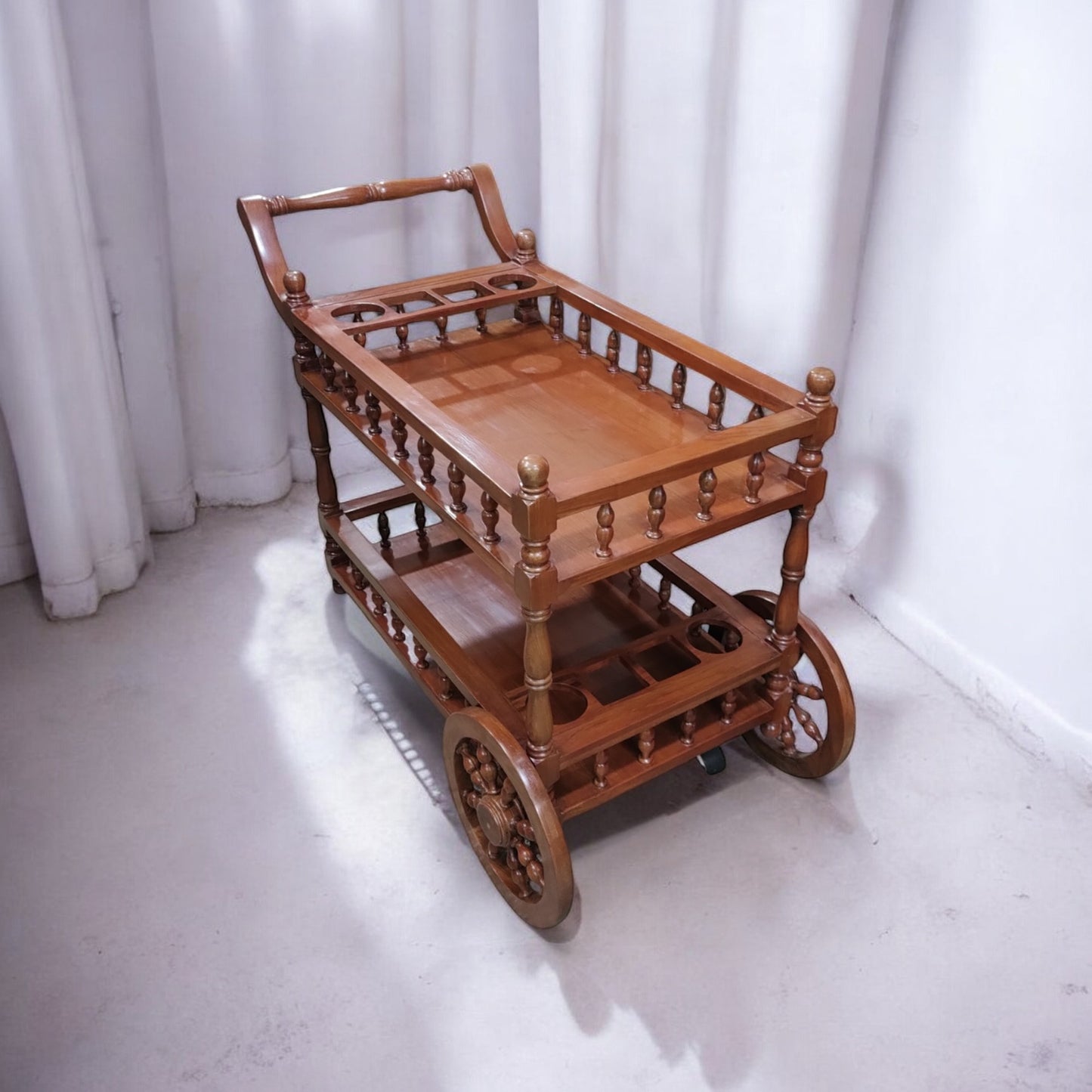 Lumber Casa Wooden Bar Trolley with 2 Tiers, Decorative Wheel Design, 32x16x30 Inch