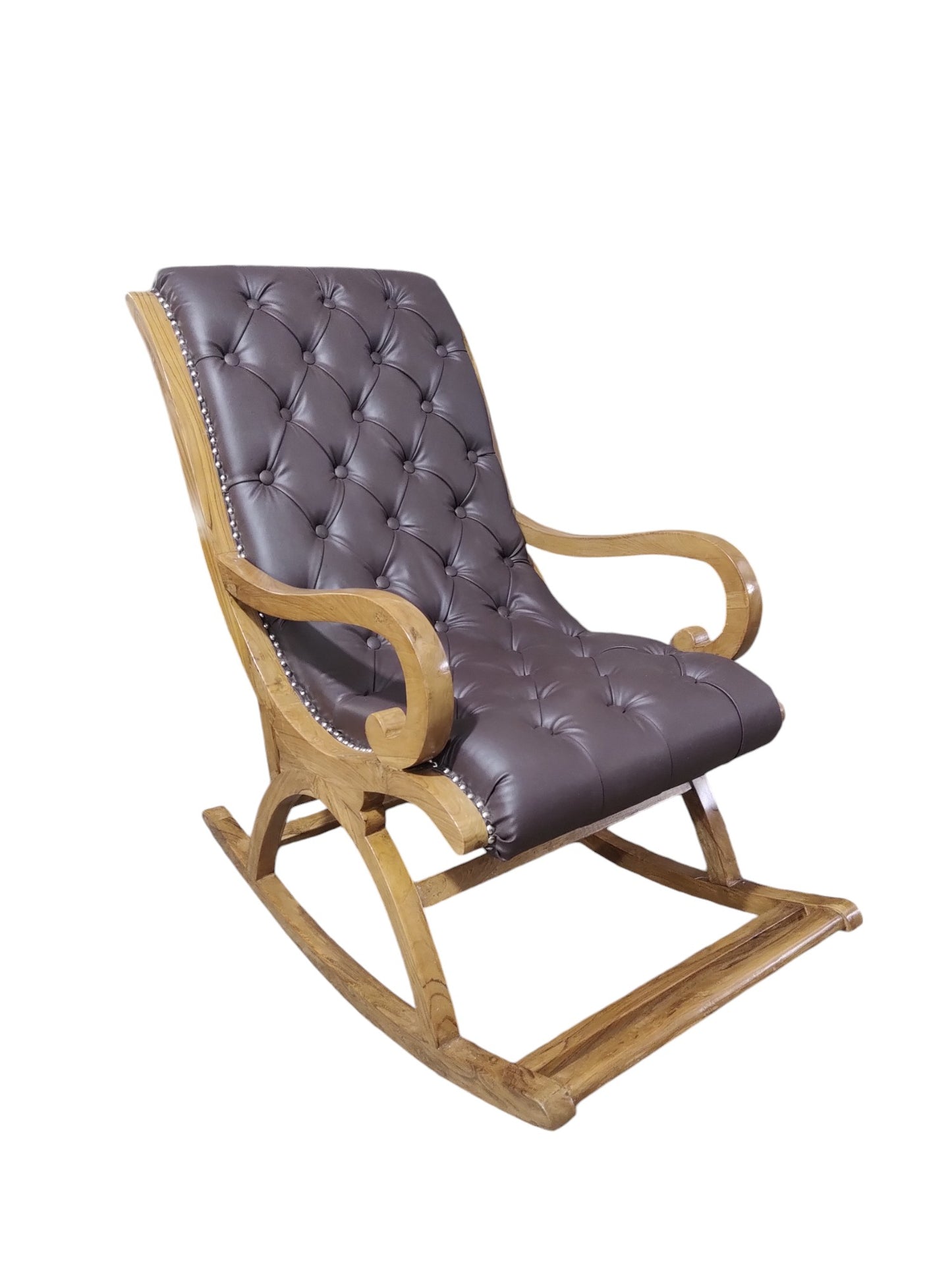Lumber Casa Rocking Chair, Brown Tufted Upholstery, Wooden Frame Solid Wood Living Room Chair (Finish Color - LIGHT WALNUT, Pre-assembled)