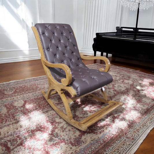 Lumber Casa Rocking Chair, Brown Tufted Upholstery, Wooden Frame Solid Wood Living Room Chair (Finish Color - LIGHT WALNUT, Pre-assembled)