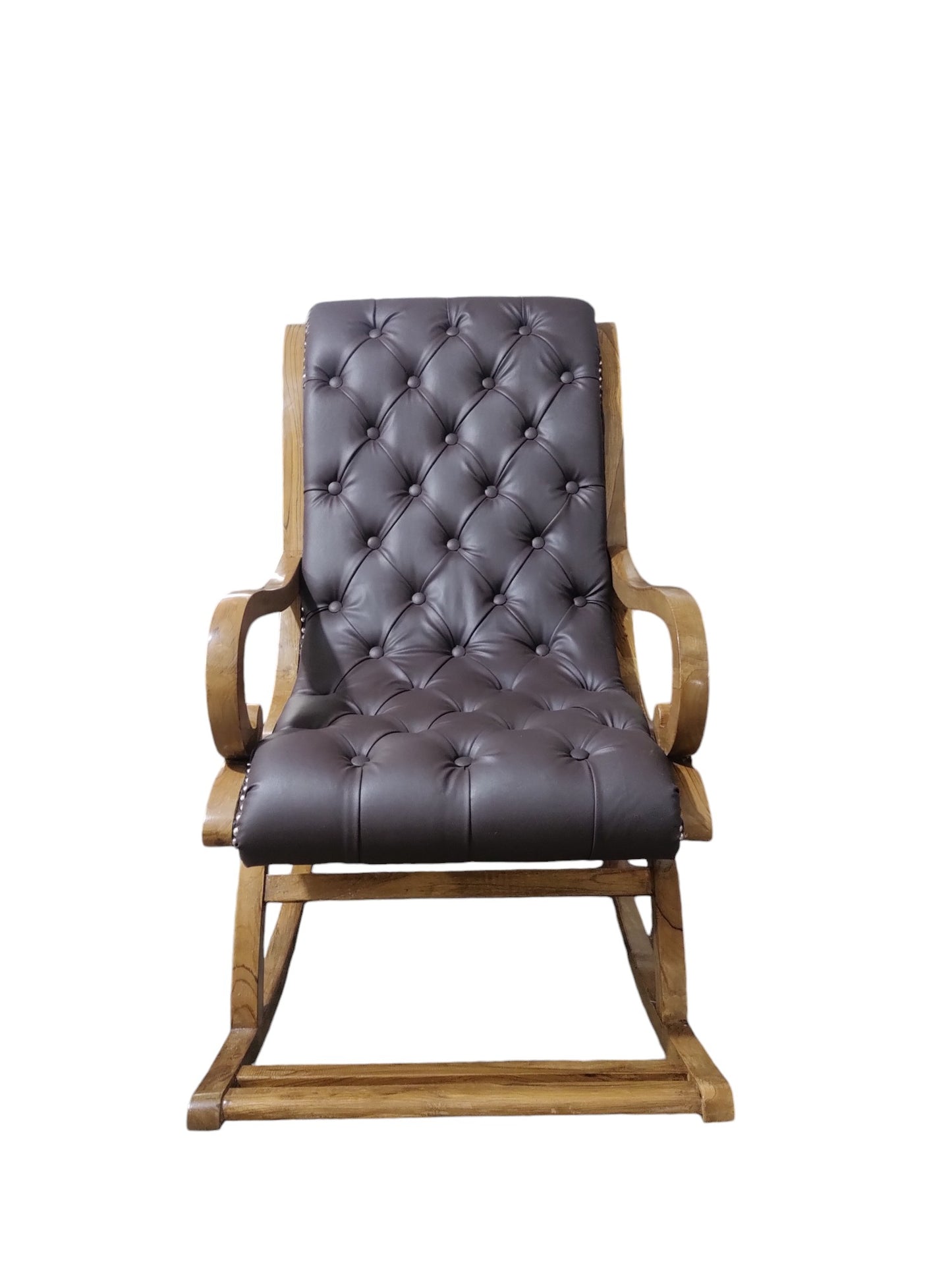 Lumber Casa Rocking Chair, Brown Tufted Upholstery, Wooden Frame Solid Wood Living Room Chair (Finish Color - LIGHT WALNUT, Pre-assembled)