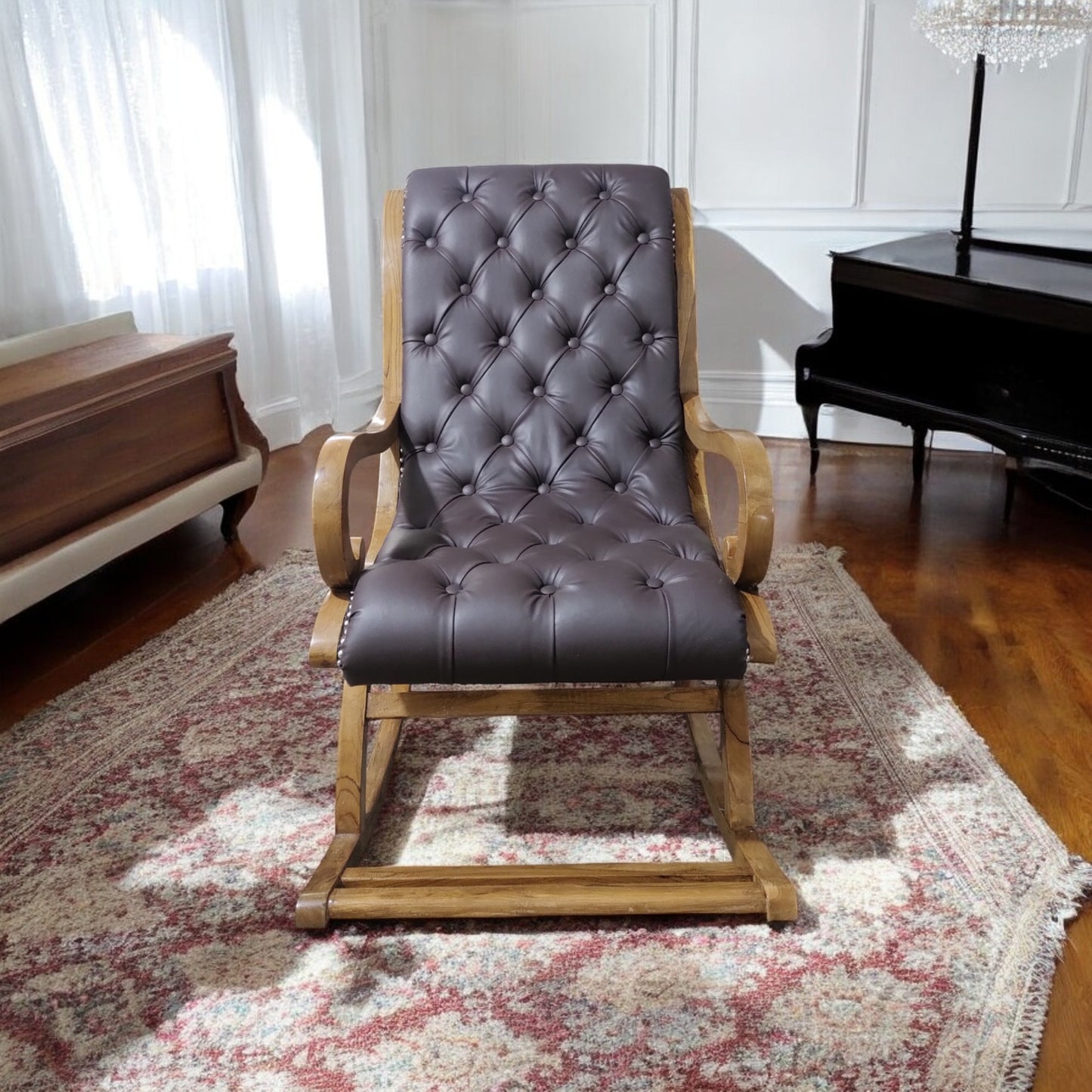 Lumber Casa Rocking Chair, Brown Tufted Upholstery, Wooden Frame Solid Wood Living Room Chair (Finish Color - LIGHT WALNUT, Pre-assembled)