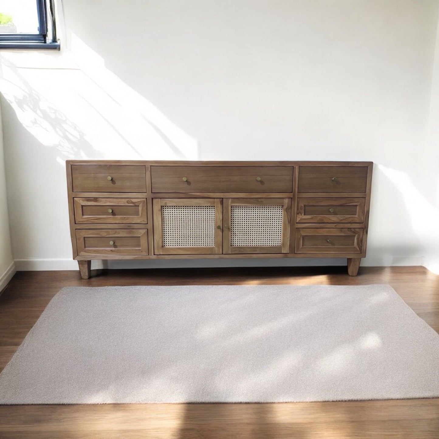 Lumber Casa Chest of Drawers, Solid Wood with Rattan Cane Door Panels, Natural Brown