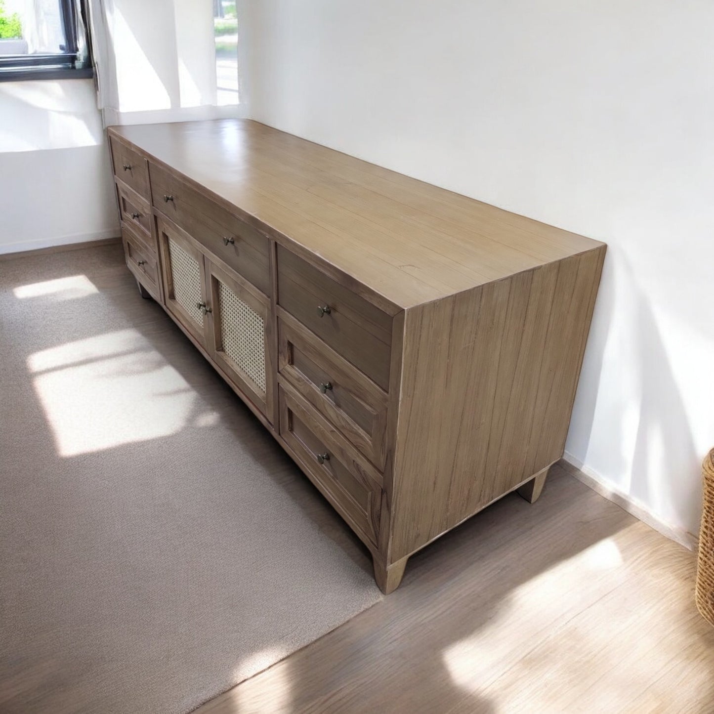 Lumber Casa Chest of Drawers, Solid Wood with Rattan Cane Door Panels, Natural Brown