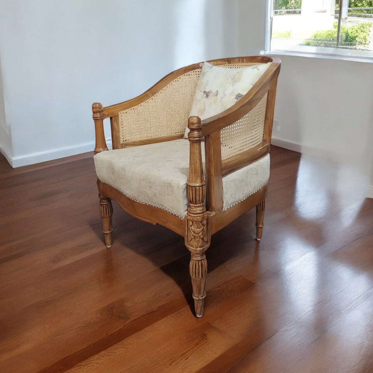 Lumber Casa Living Room Chair with Cane Back, Wooden Frame, Upholstered Seat, 23x24x32 Inch