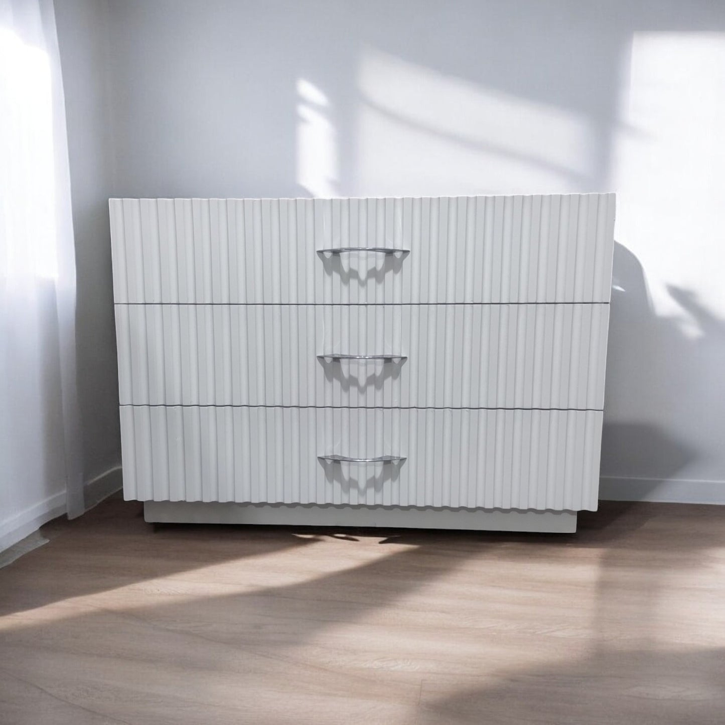 Modern White Fluted 3-Drawer Plywood and MDF Dresser with Elegant Silver Chrome Handles