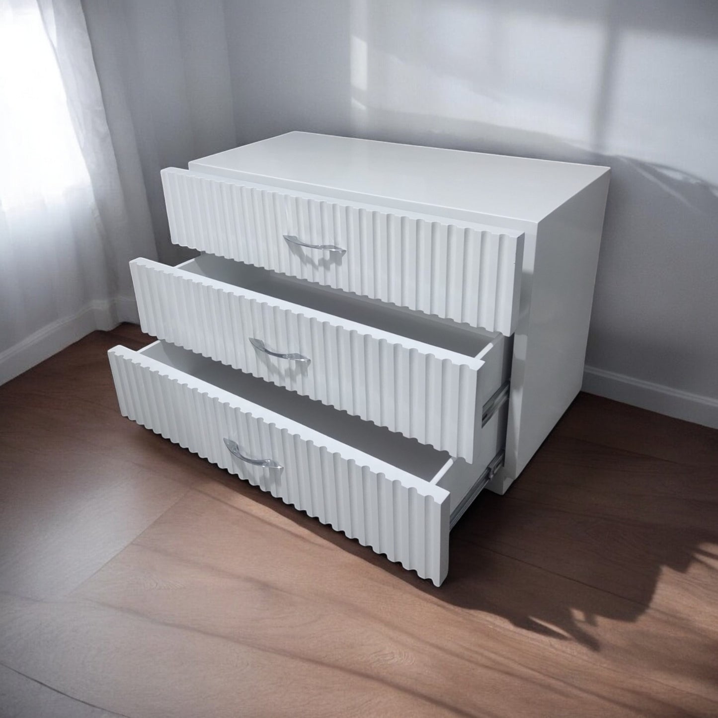 Modern White Fluted 3-Drawer Plywood and MDF Dresser with Elegant Silver Chrome Handles