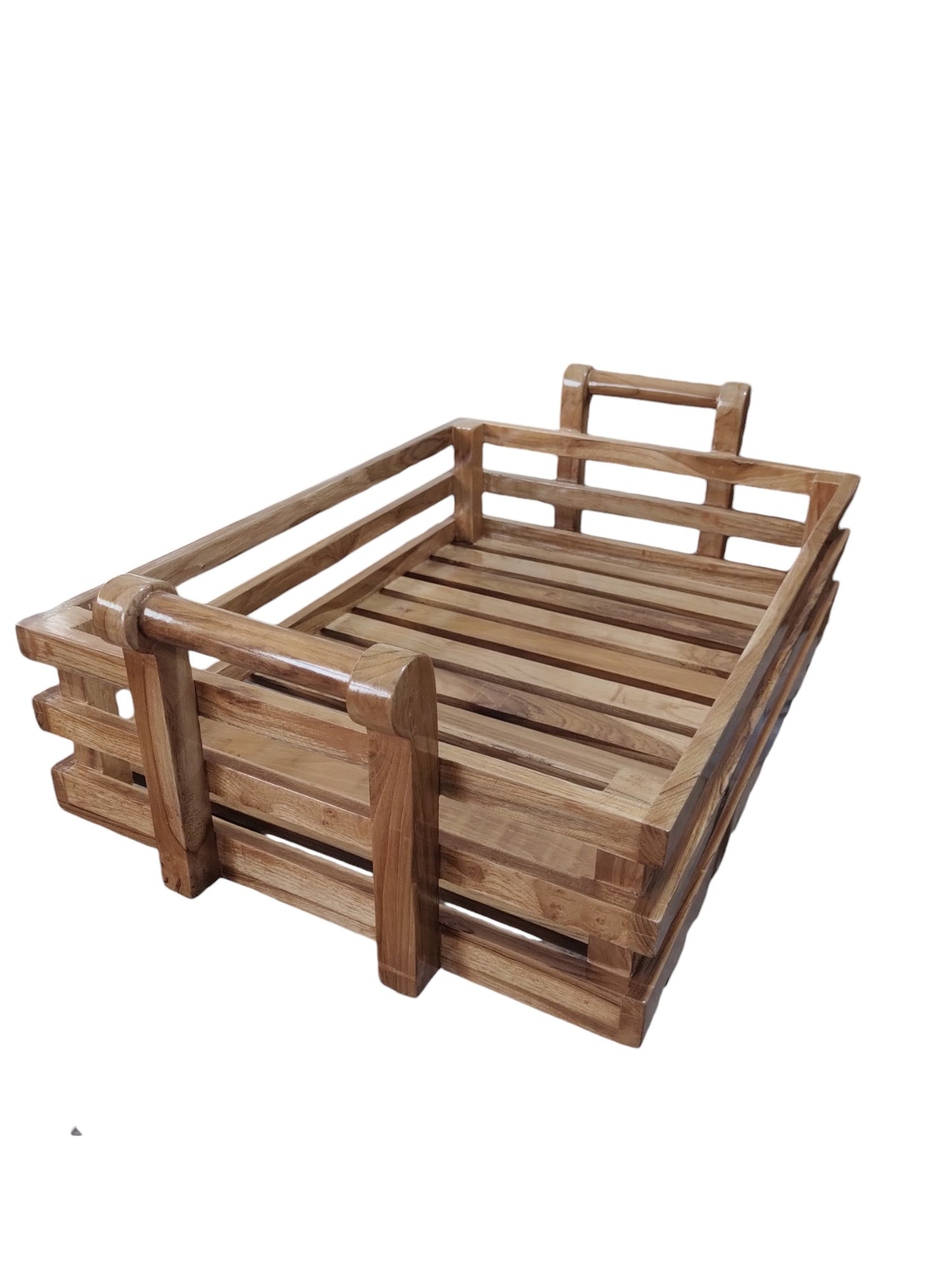 Lumber Casa Wooden Fruit and Bread Storage Tray with Handles, 22x15x8 Inch, Slatted Design