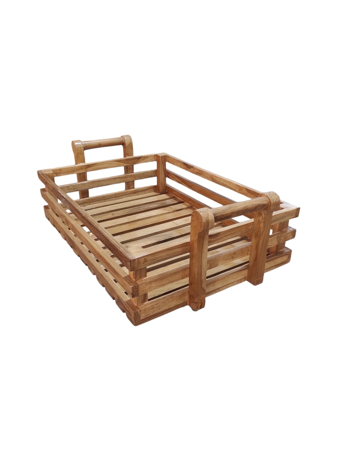 Lumber Casa Wooden Fruit and Bread Storage Tray with Handles, 22x15x8 Inch, Slatted Design