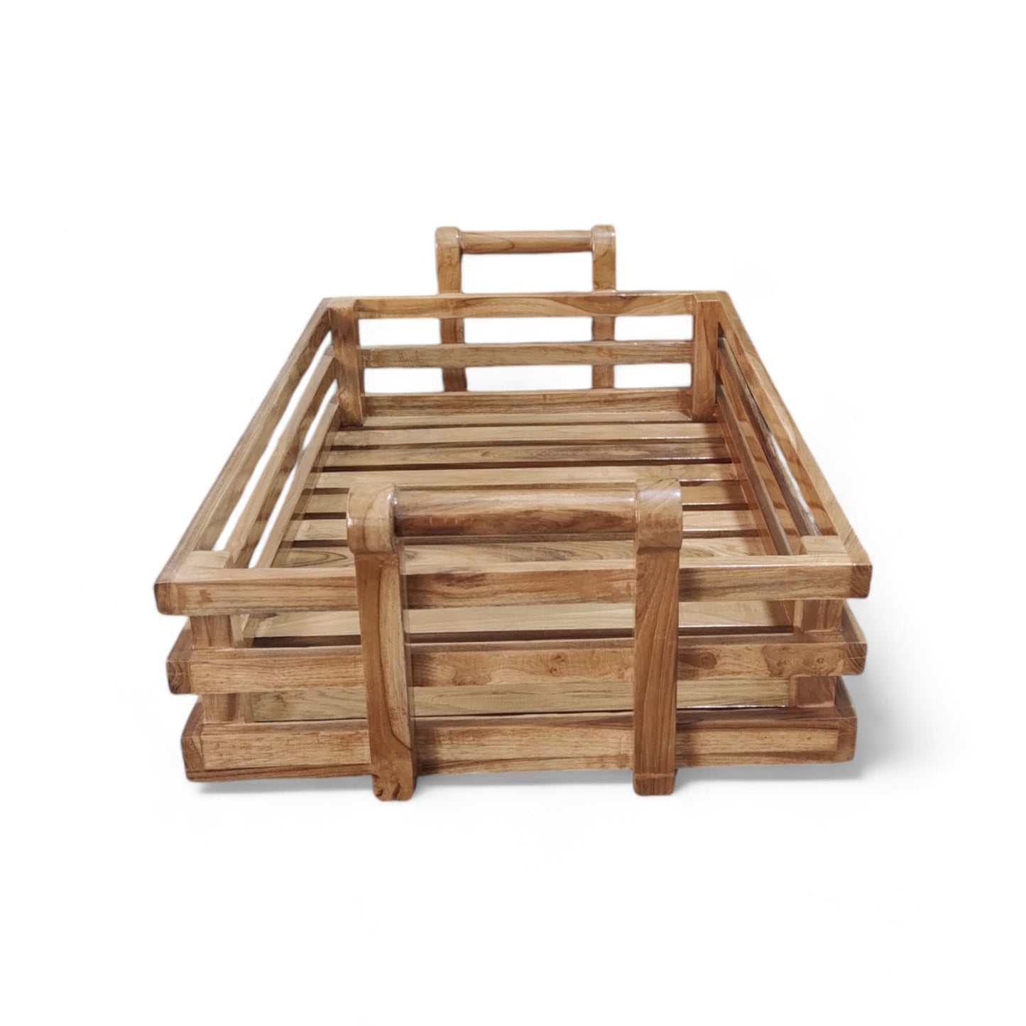 Lumber Casa Wooden Fruit and Bread Storage Tray with Handles, 22x15x8 Inch, Slatted Design