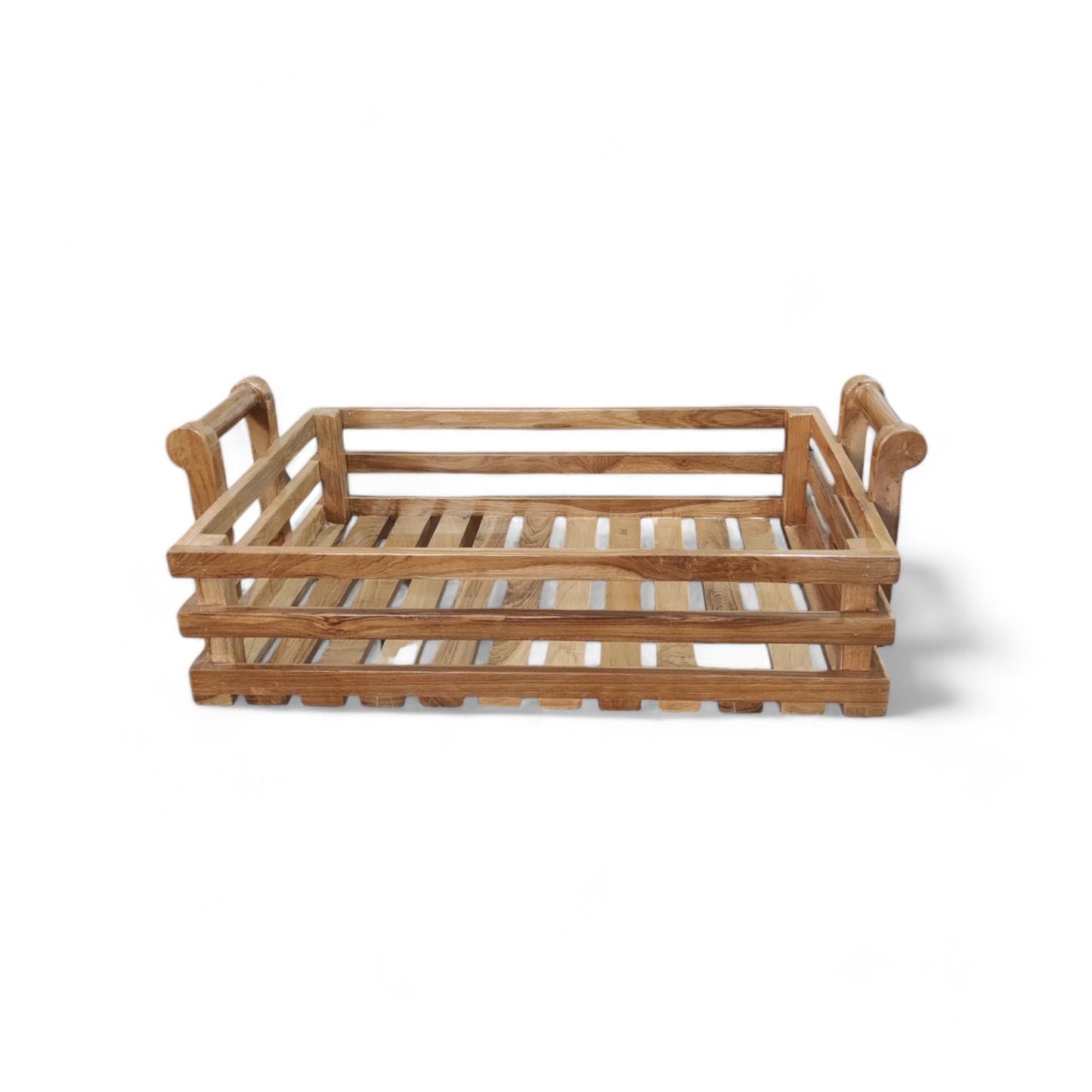 Lumber Casa Wooden Fruit and Bread Storage Tray with Handles, 22x15x8 Inch, Slatted Design