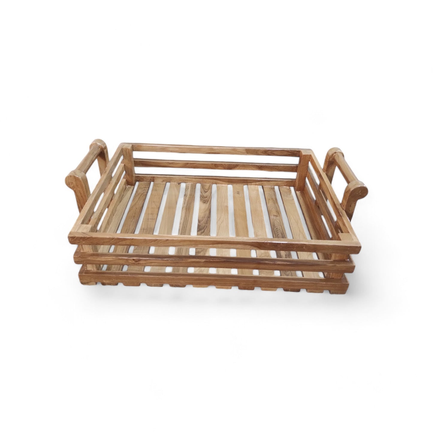 Lumber Casa Wooden Fruit and Bread Storage Tray with Handles, 22x15x8 Inch, Slatted Design