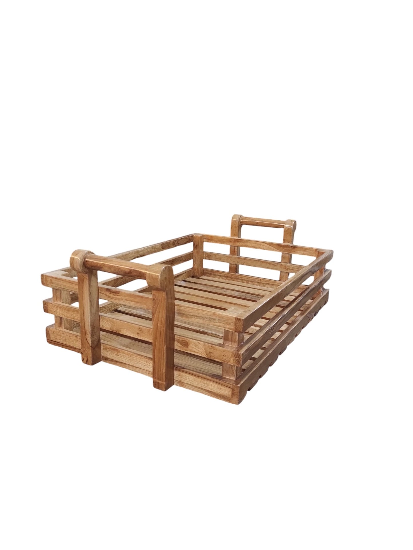 Lumber Casa Wooden Fruit and Bread Storage Tray with Handles, 22x15x8 Inch, Slatted Design