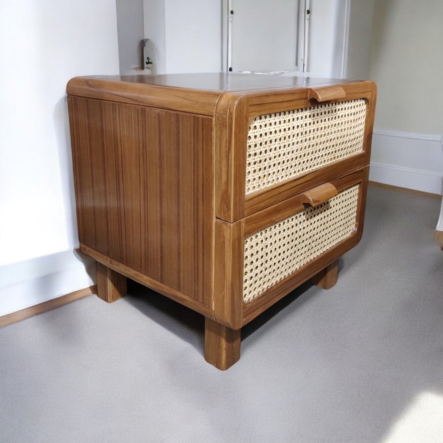 Lumber Casa Bedside Table Teak Wood and Rattan Cane, 45x38x45 cm, Boho Style Solid Wood Bedside Table (Finish Color - LIGHT WALNUT, Pre-assembled)