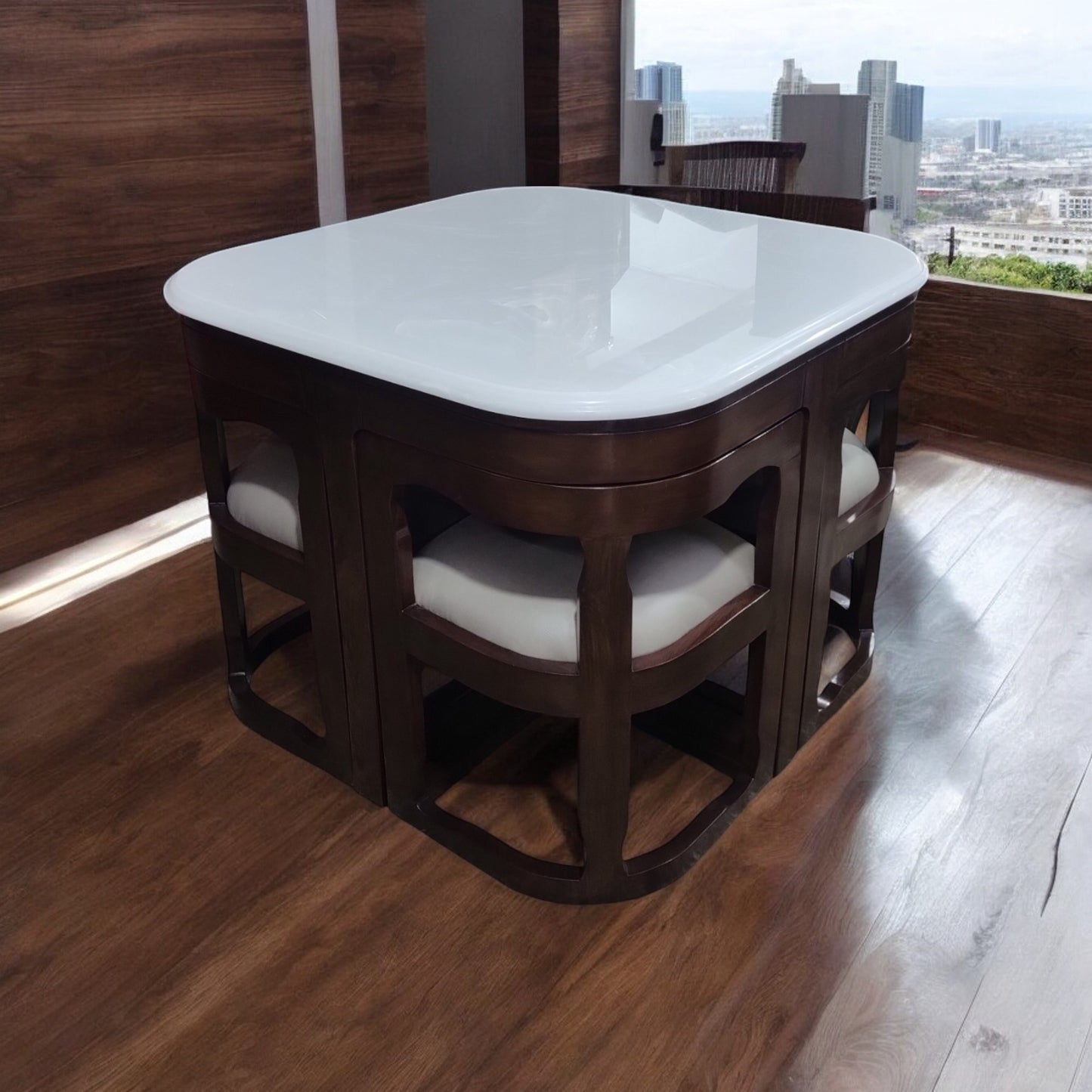 Premium Teak Wood Coffee Table with 4 Chairs, Melamine Polish, Matte Finish, Durable Design, Elegant Seating Set by Lumber Casa