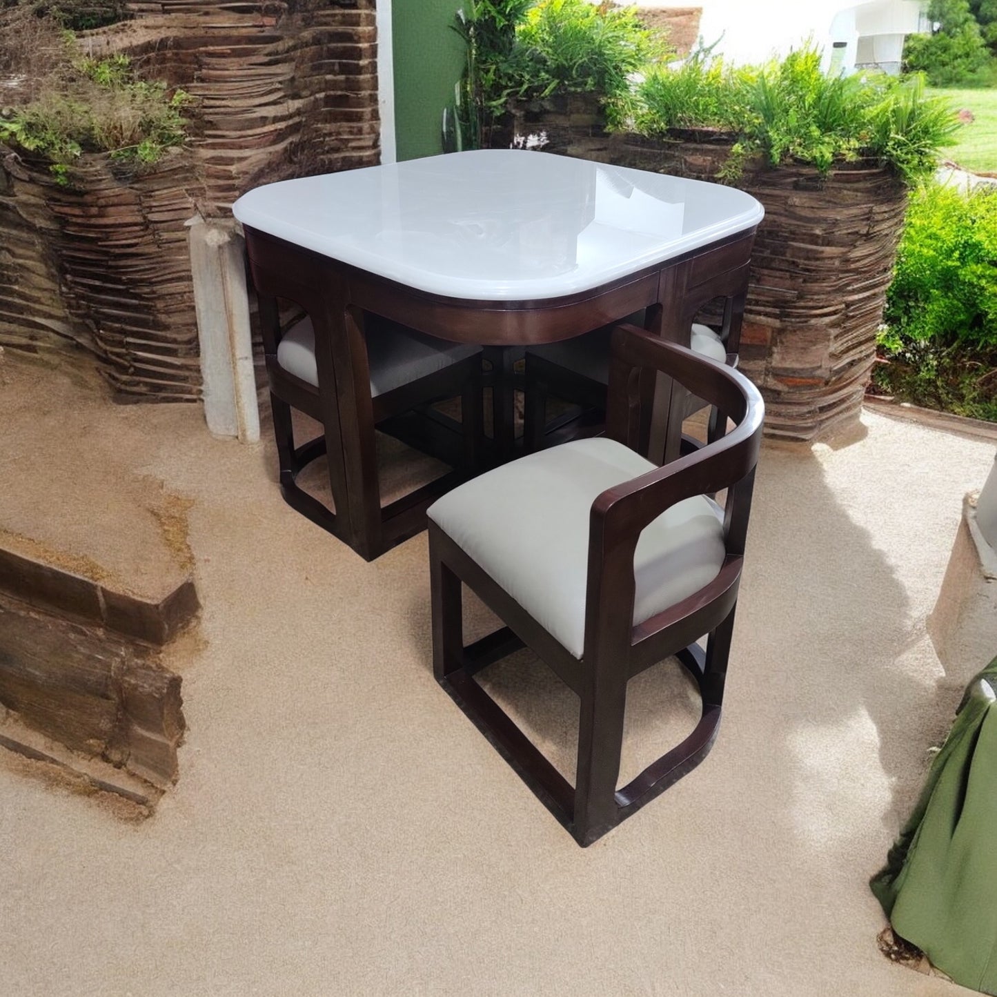 Premium Teak Wood Coffee Table with 4 Chairs, Melamine Polish, Matte Finish, Durable Design, Elegant Seating Set by Lumber Casa