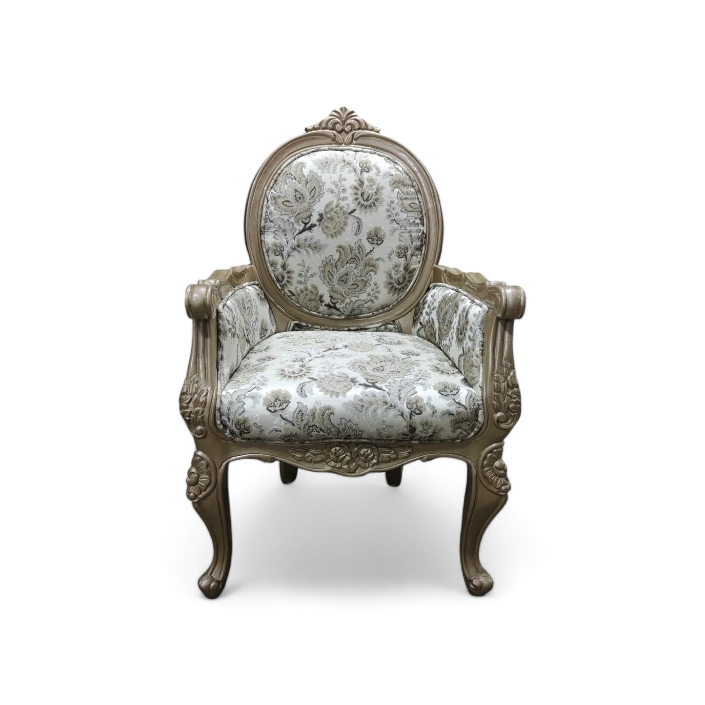 LUMBER CASA Teak Wood Visitor Armchair, Floral Fabric Upholstery, Polished Finish, Living Room