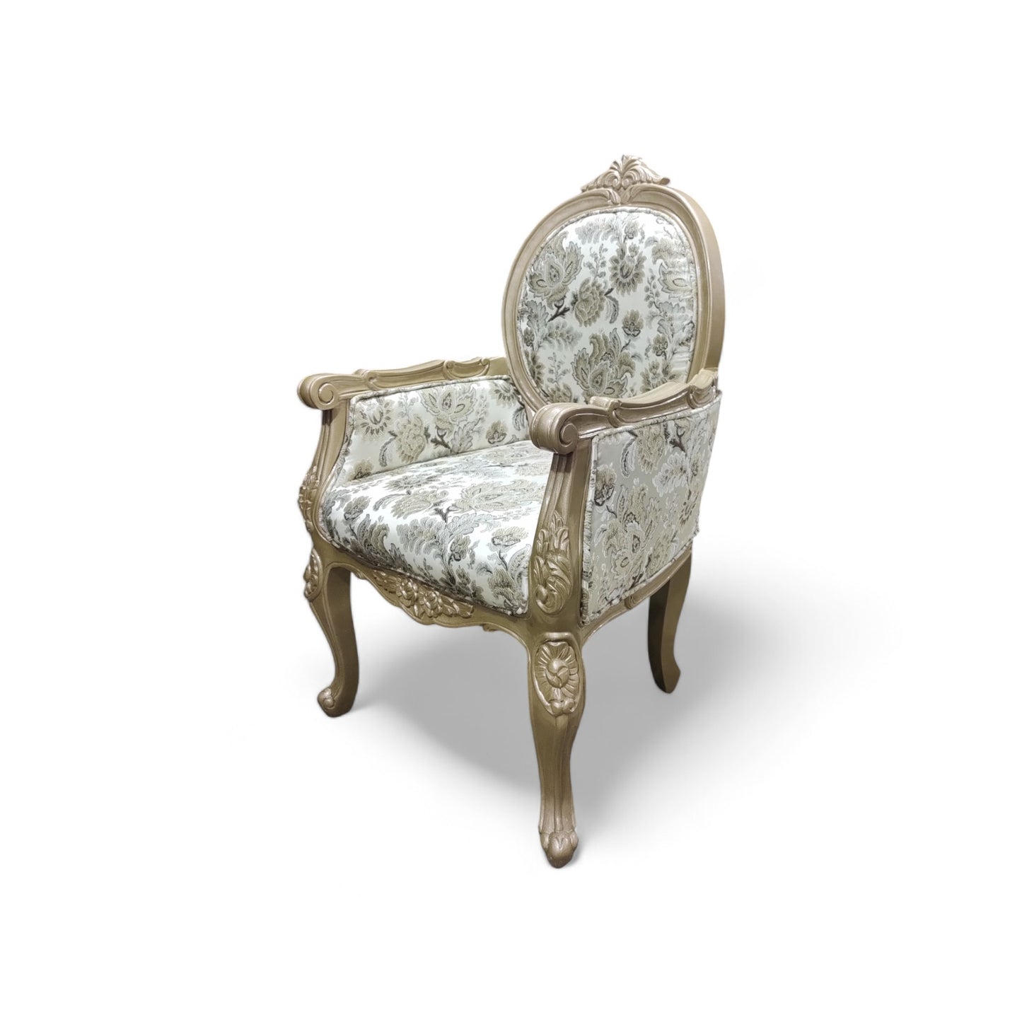 LUMBER CASA Teak Wood Visitor Armchair, Floral Fabric Upholstery, Polished Finish, Living Room
