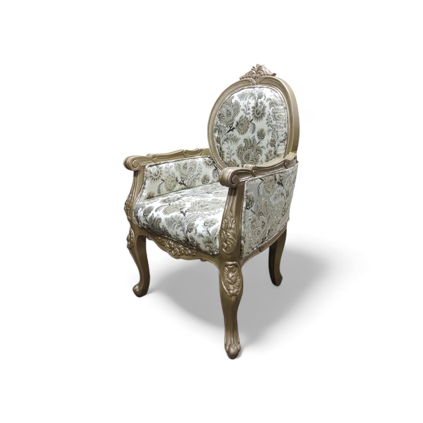 LUMBER CASA Teak Wood Visitor Armchair, Floral Fabric Upholstery, Polished Finish, Living Room