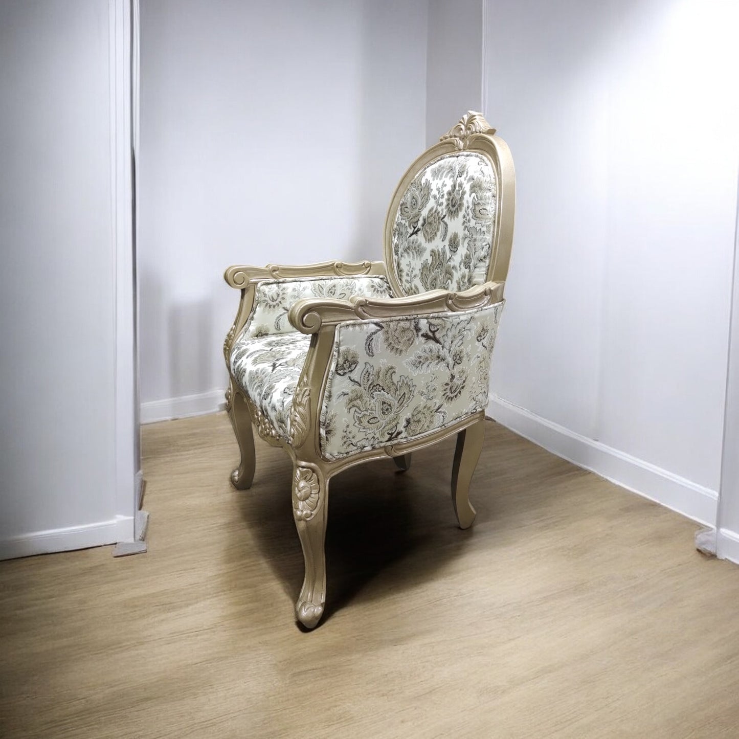 LUMBER CASA Teak Wood Visitor Armchair, Floral Fabric Upholstery, Polished Finish, Living Room
