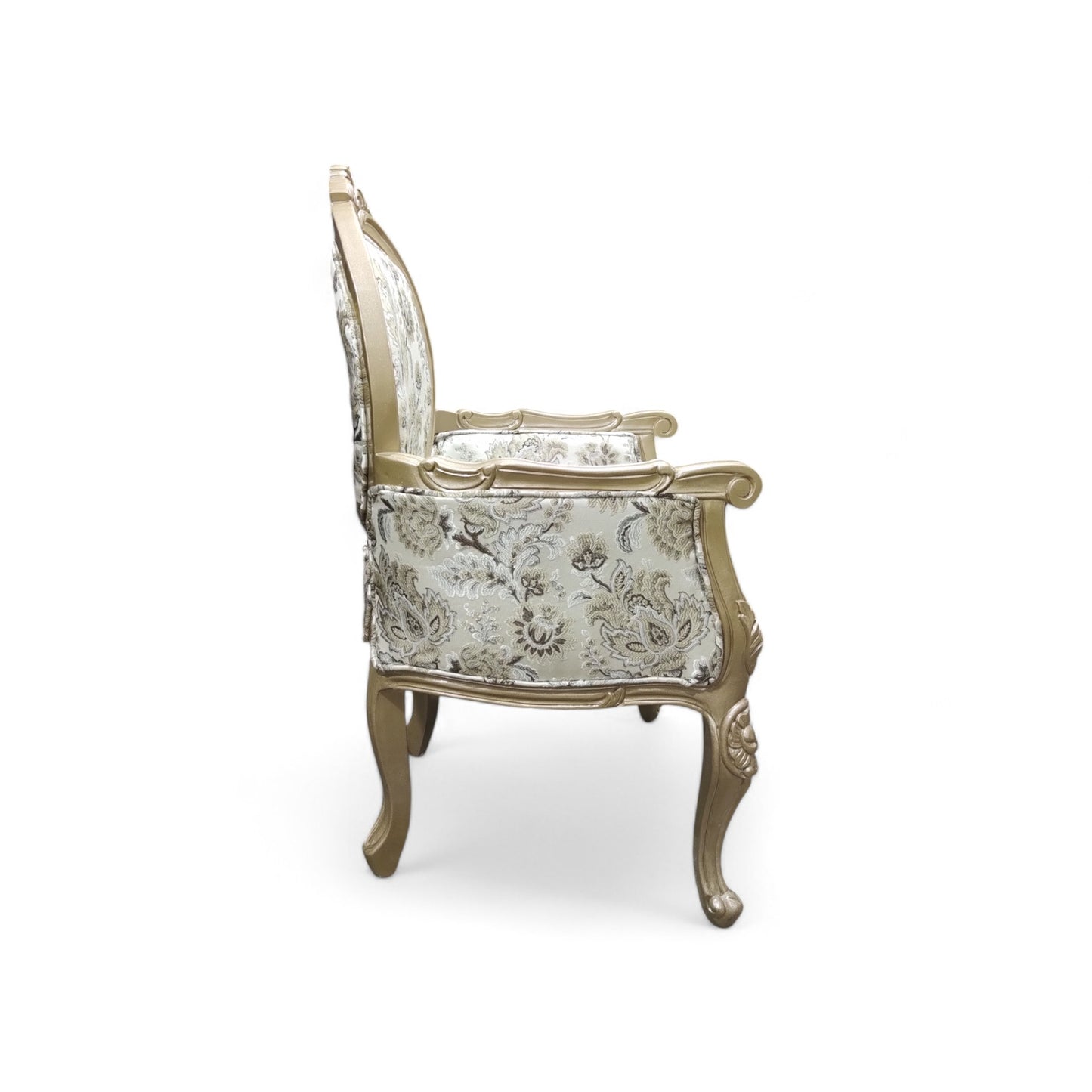 LUMBER CASA Teak Wood Visitor Armchair, Floral Fabric Upholstery, Polished Finish, Living Room