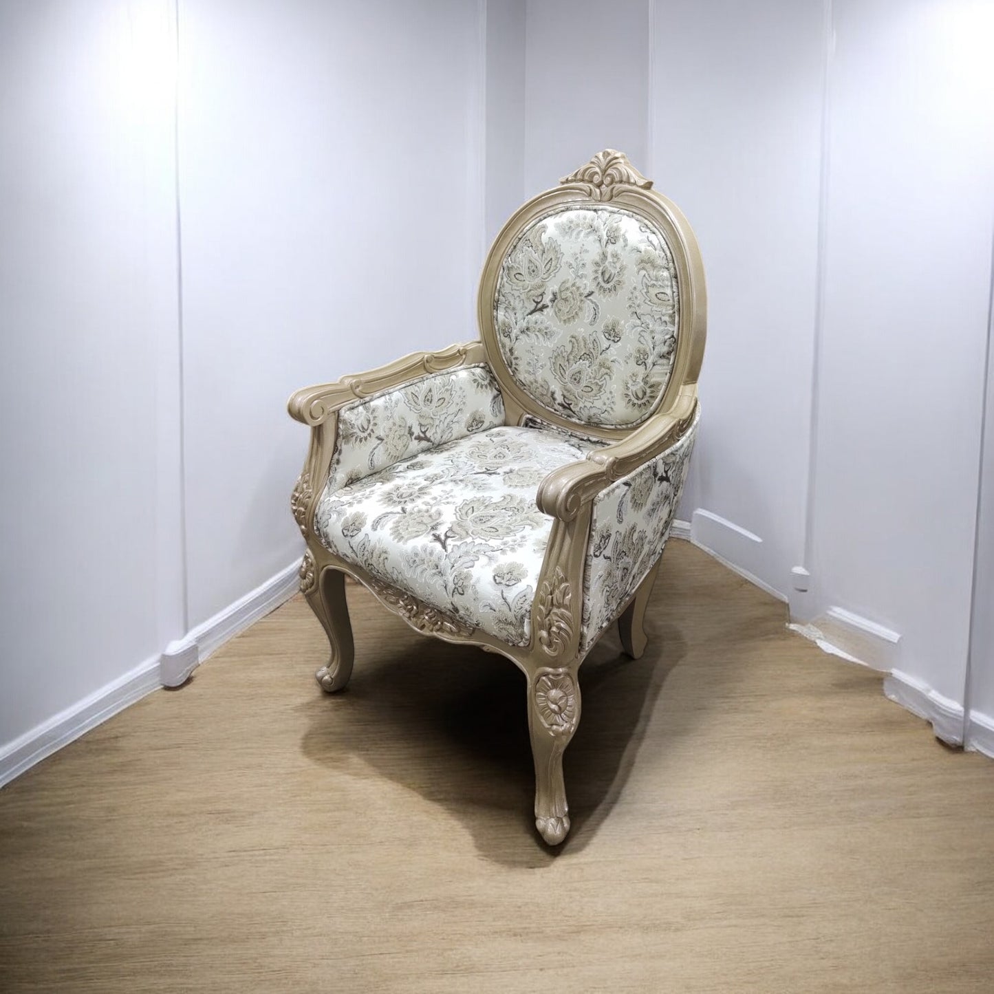 LUMBER CASA Teak Wood Visitor Armchair, Floral Fabric Upholstery, Polished Finish, Living Room