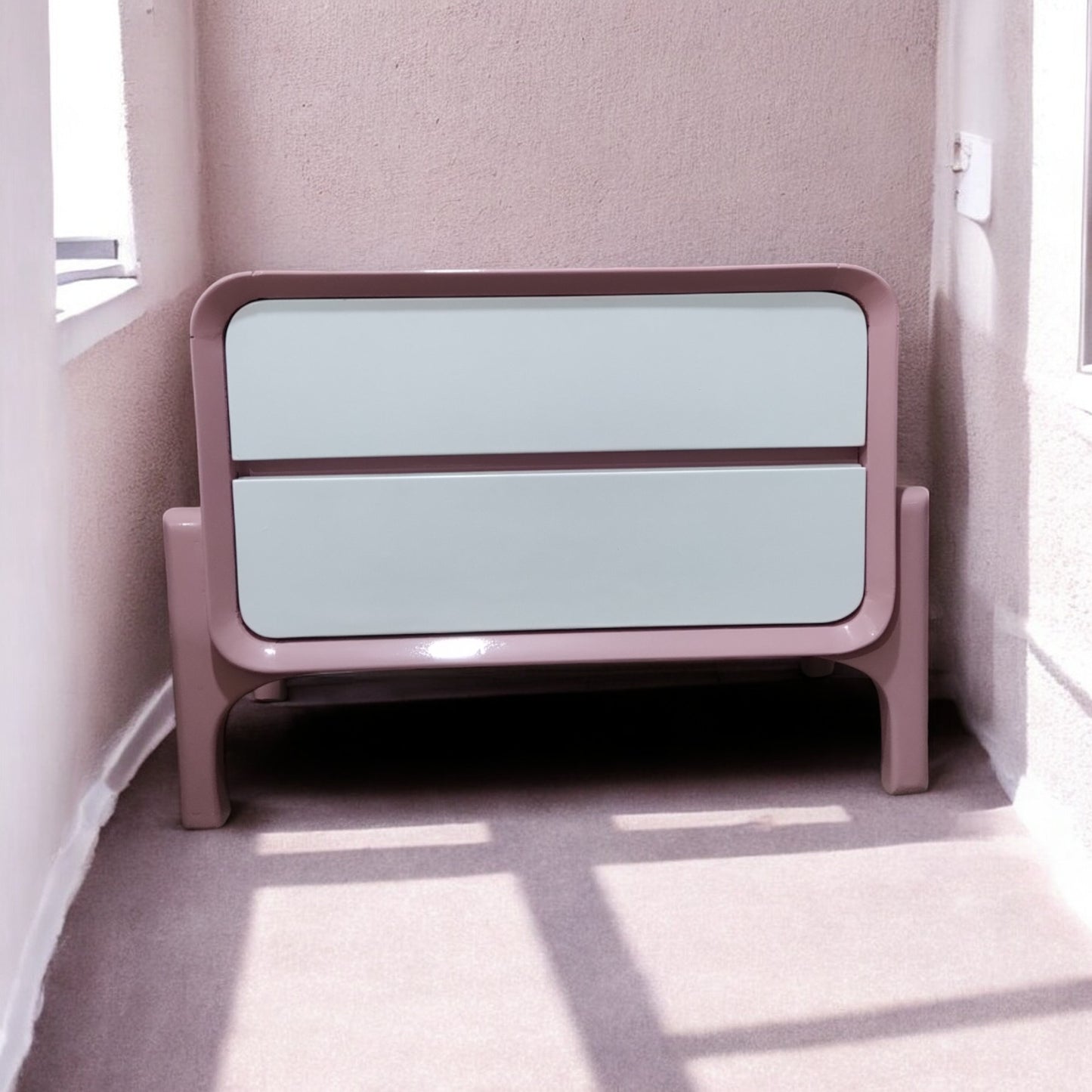 Modern Dual-Tone Pink and White Teak Wood Two-Drawer Bedside Table with Mid-Century Curved Legs