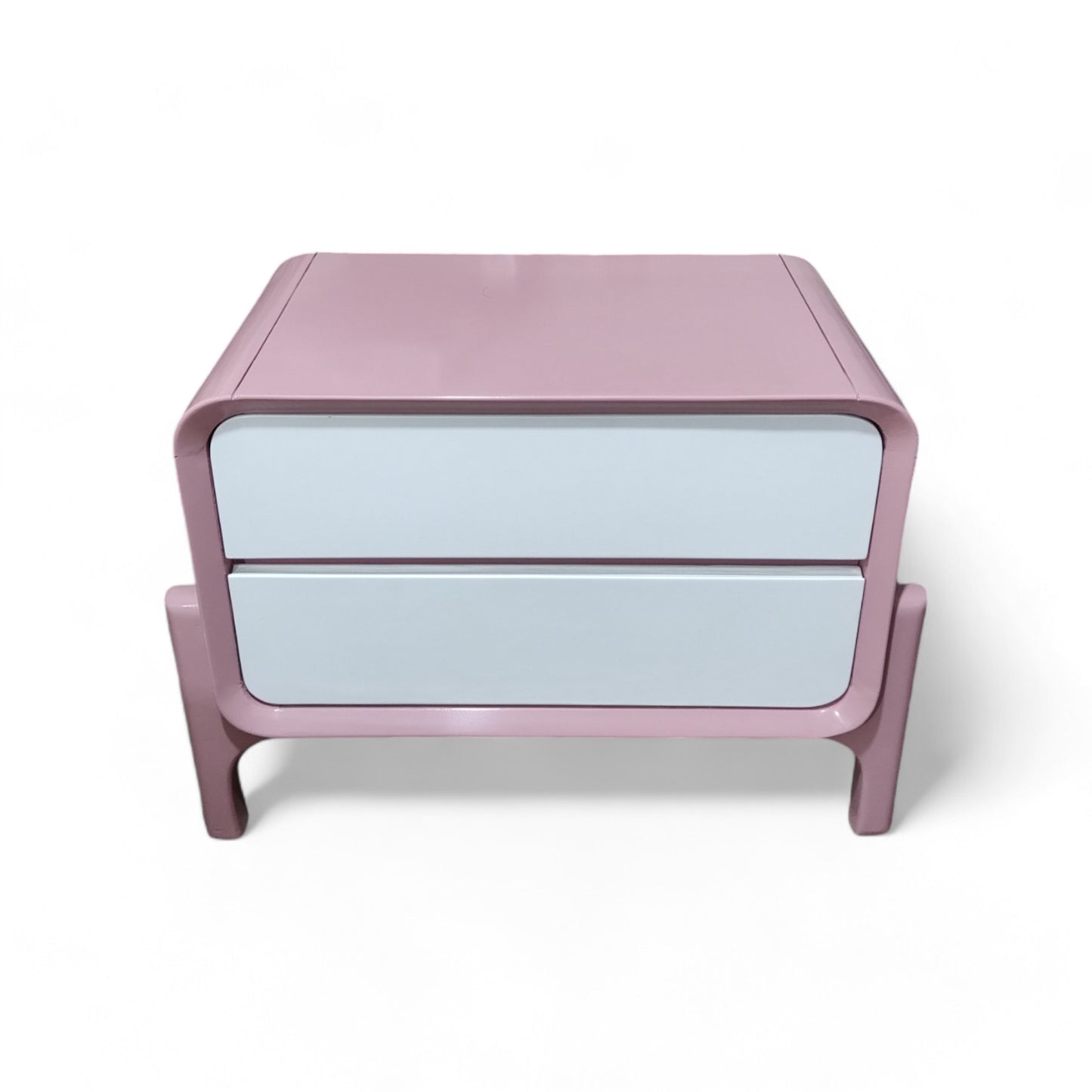 Modern Dual-Tone Pink and White Teak Wood Two-Drawer Bedside Table with Mid-Century Curved Legs