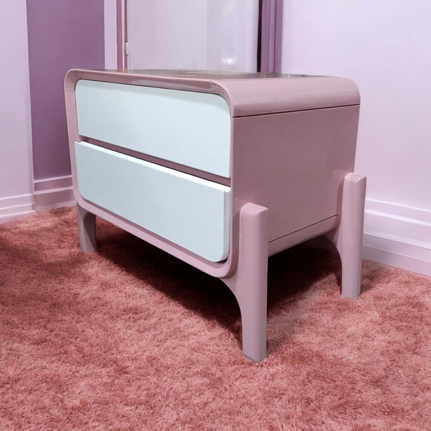 Modern Dual-Tone Pink and White Teak Wood Two-Drawer Bedside Table with Mid-Century Curved Legs
