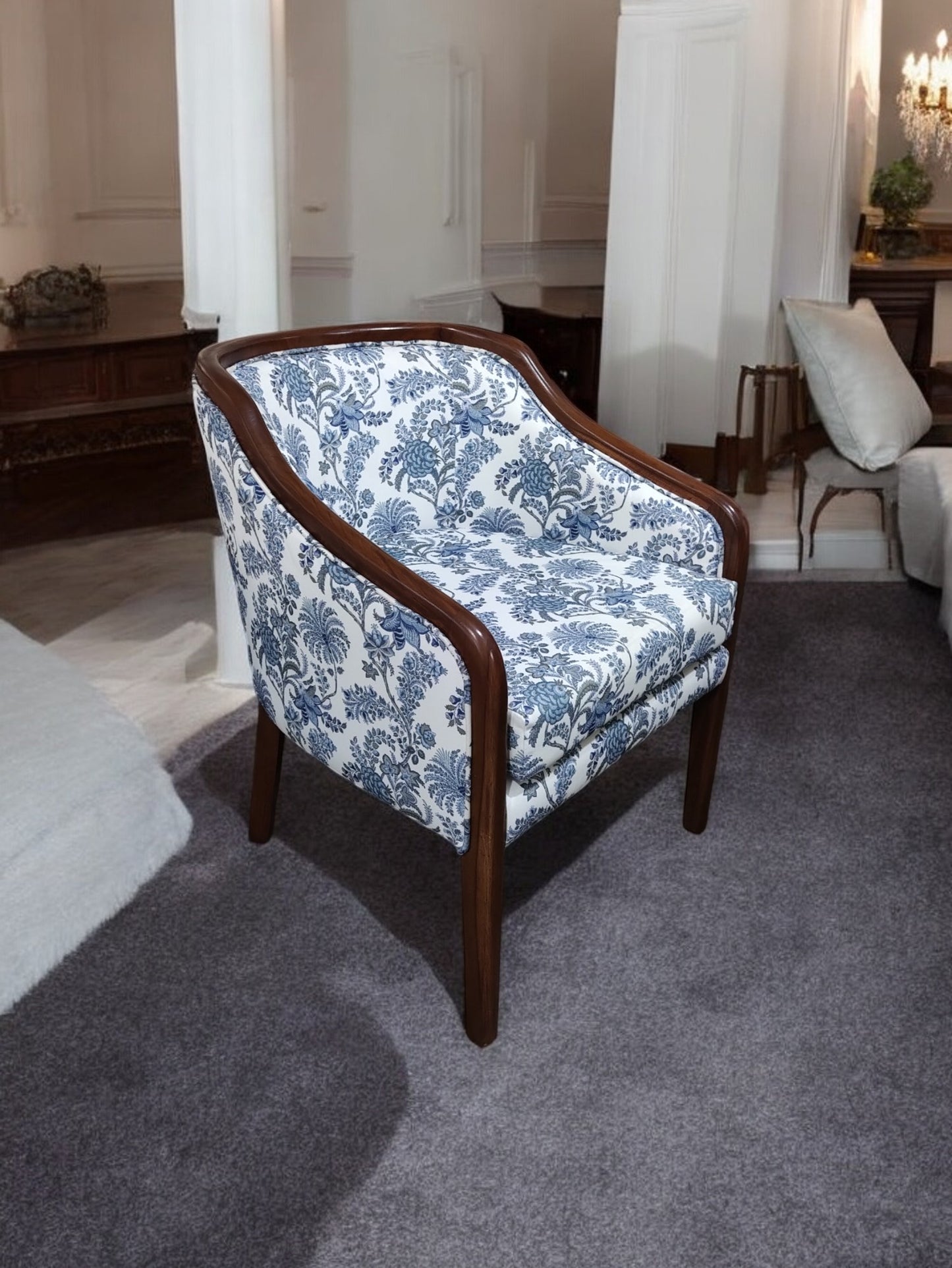 Teak Wood Armchair with Foam Seating, Premium Fabric and Matching Accent Pillow Solid Wood Living Room Chair (Finish Color - WALNUT, Pre-assembled)