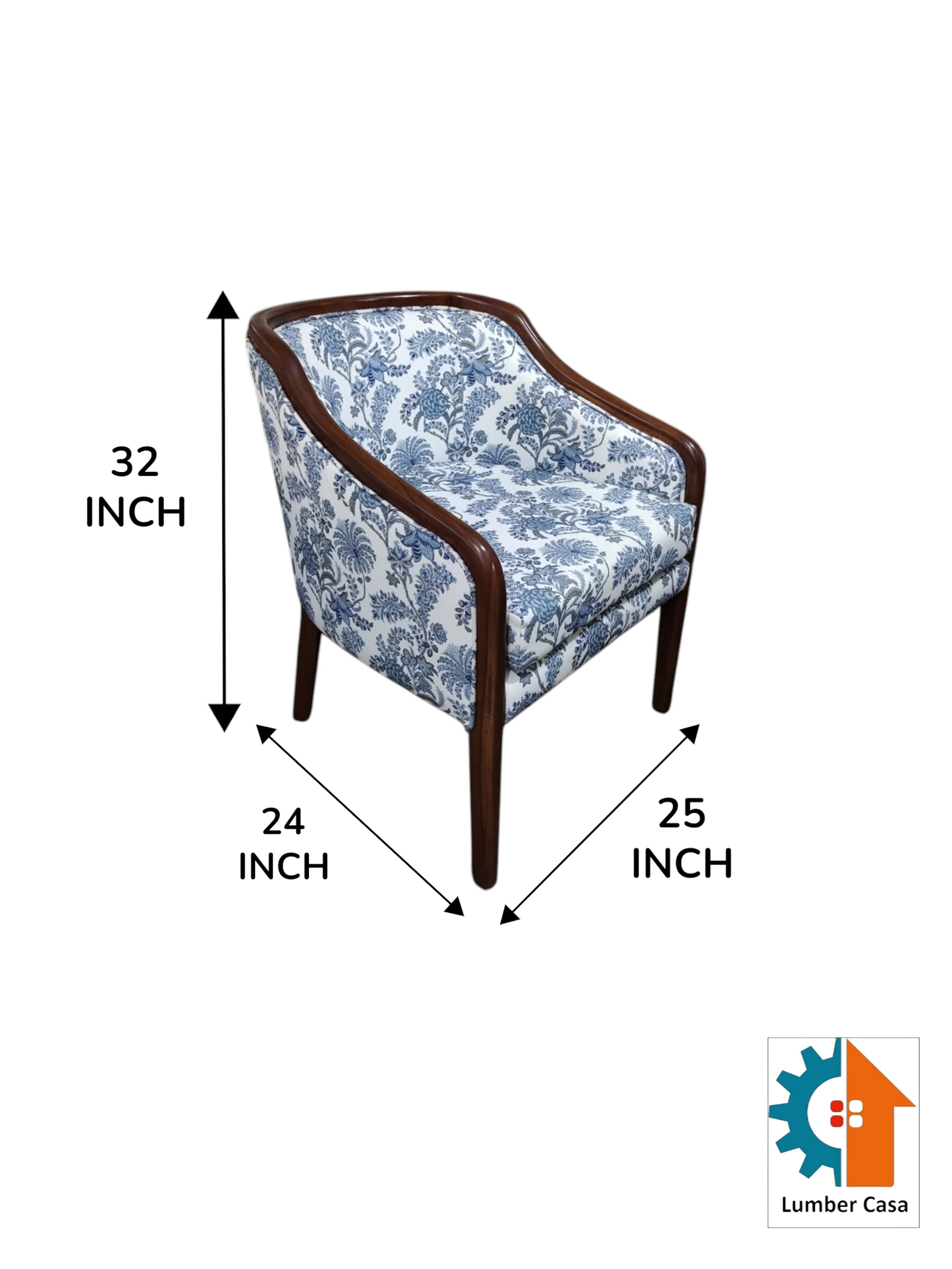 Teak Wood Armchair with Foam Seating, Premium Fabric and Matching Accent Pillow Solid Wood Living Room Chair (Finish Color - WALNUT, Pre-assembled)