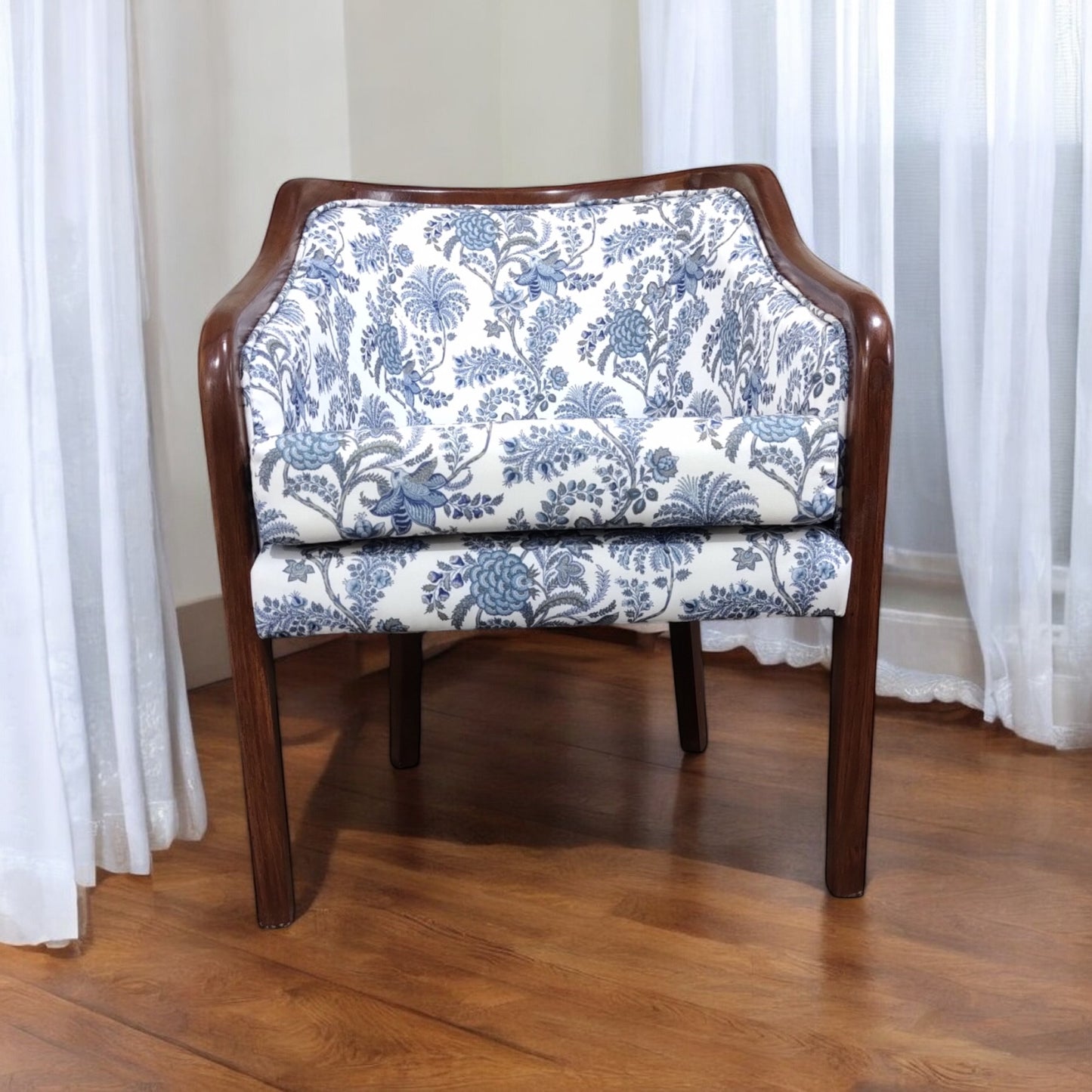 Teak Wood Armchair with Foam Seating, Premium Fabric and Matching Accent Pillow Solid Wood Living Room Chair (Finish Color - WALNUT, Pre-assembled)