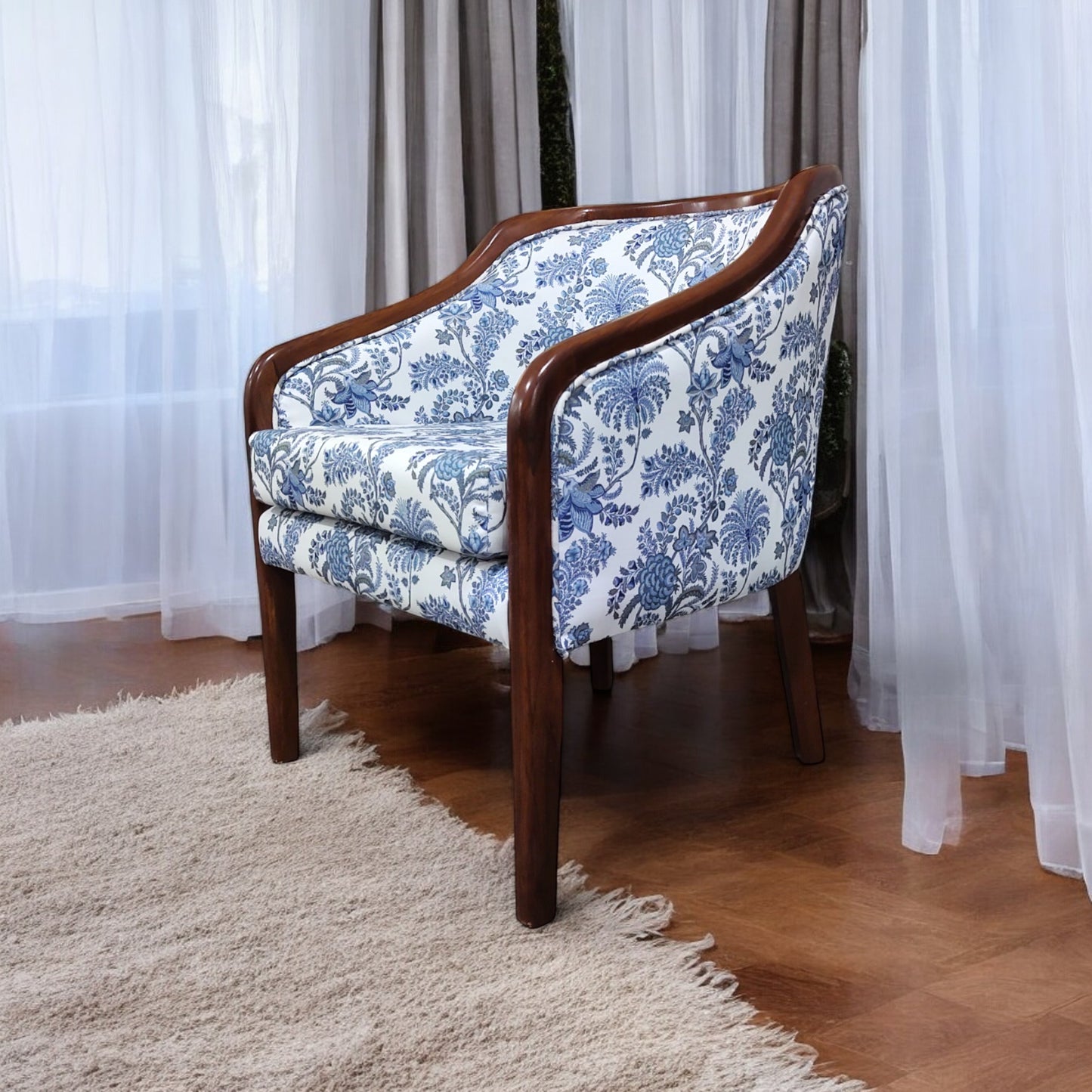 Teak Wood Armchair with Foam Seating, Premium Fabric and Matching Accent Pillow Solid Wood Living Room Chair (Finish Color - WALNUT, Pre-assembled)