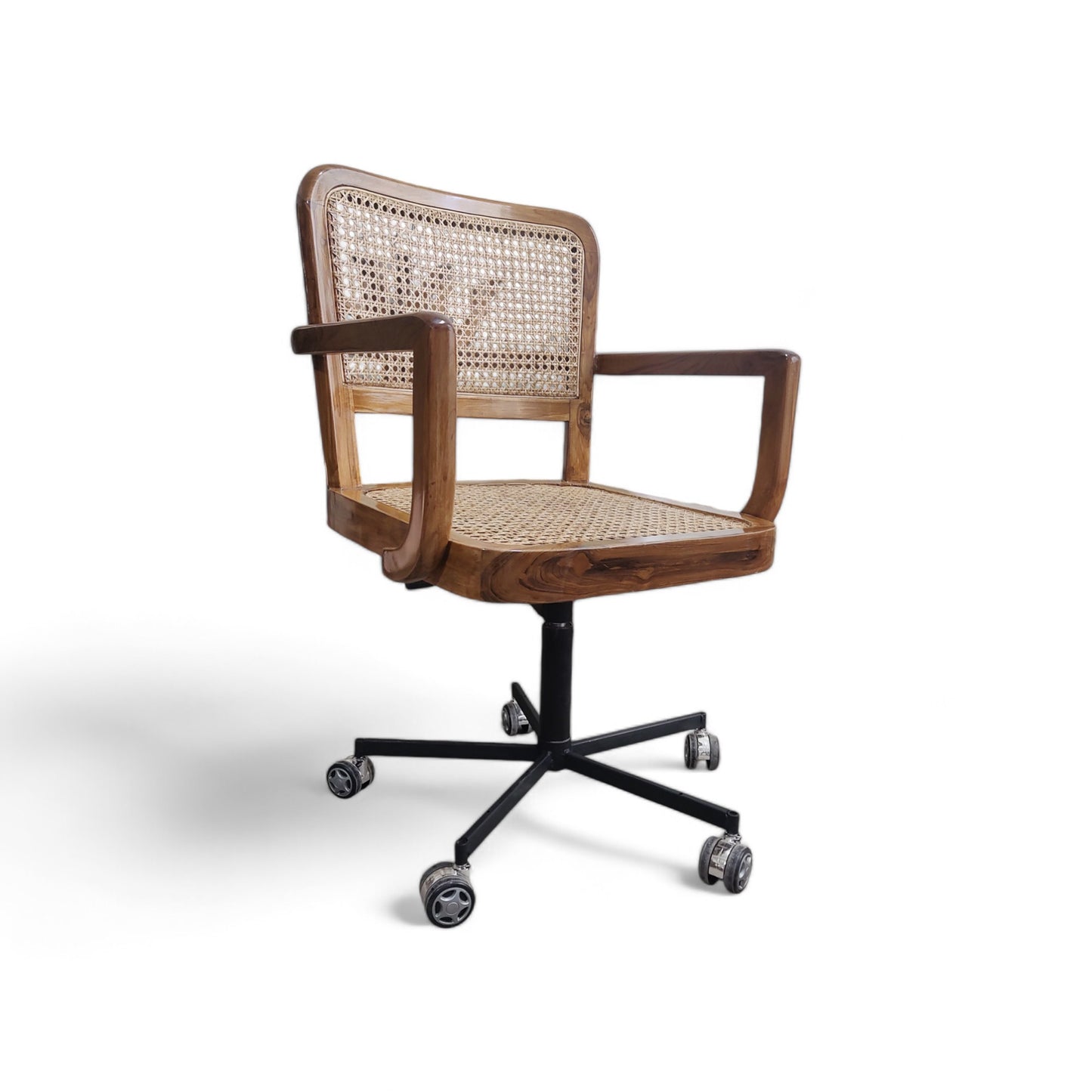 Premium Teak Wood Living Room Swivel Chair with Natural Cane Webbing, Ergonomic Armrests, and Sleek Semi-Matt Finish for Modern Interiors.