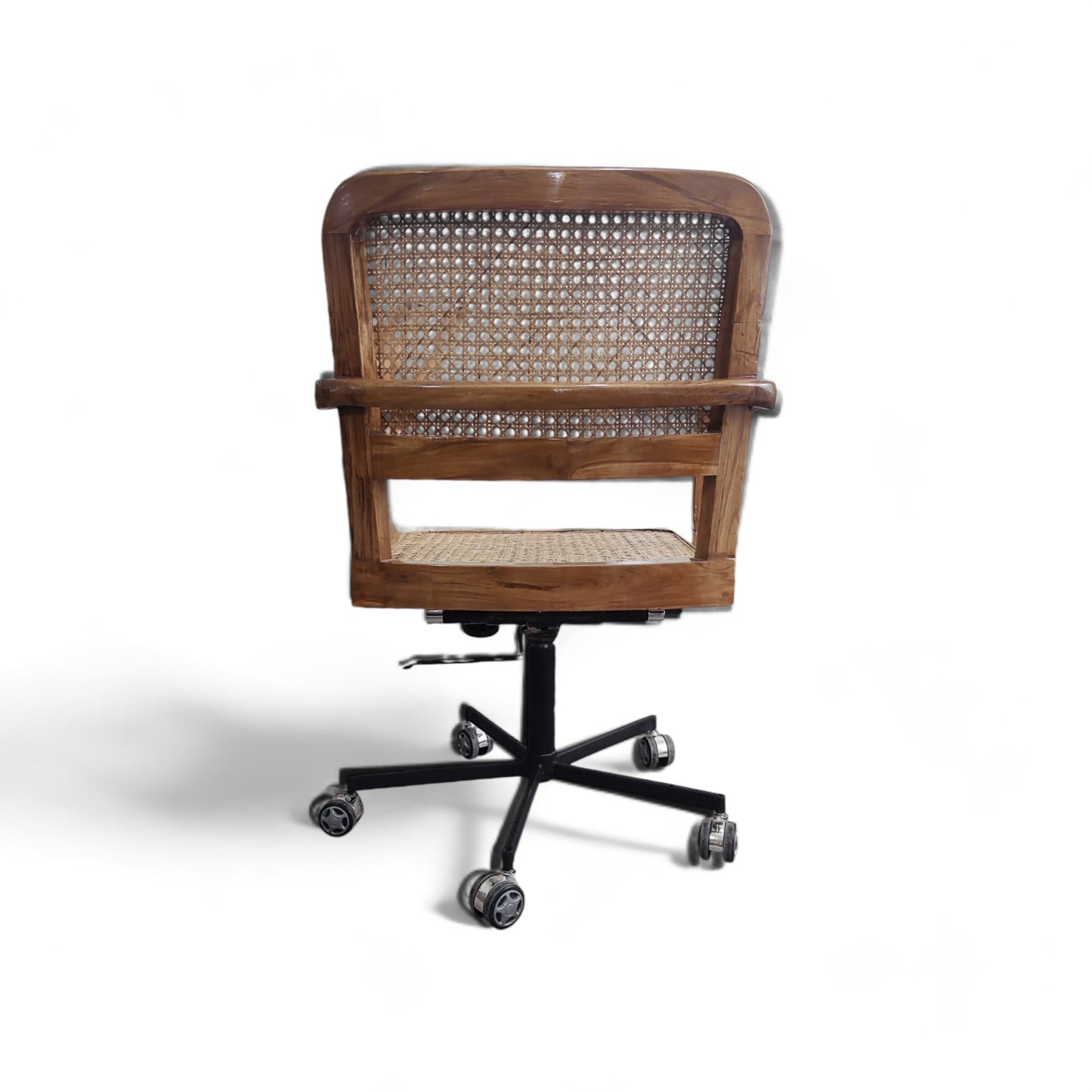 Premium Teak Wood Living Room Swivel Chair with Natural Cane Webbing, Ergonomic Armrests, and Sleek Semi-Matt Finish for Modern Interiors.