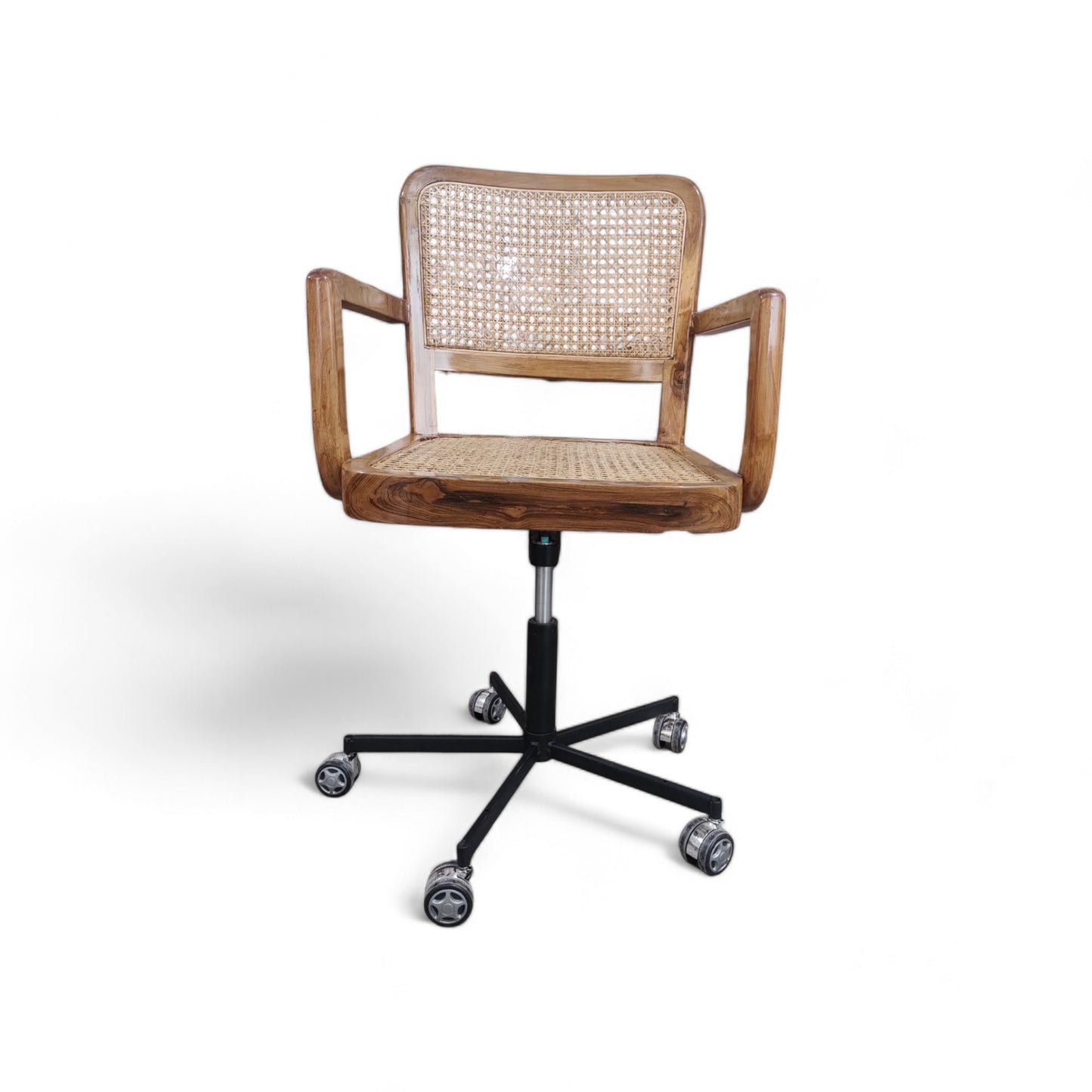 Premium Teak Wood Living Room Swivel Chair with Natural Cane Webbing, Ergonomic Armrests, and Sleek Semi-Matt Finish for Modern Interiors.